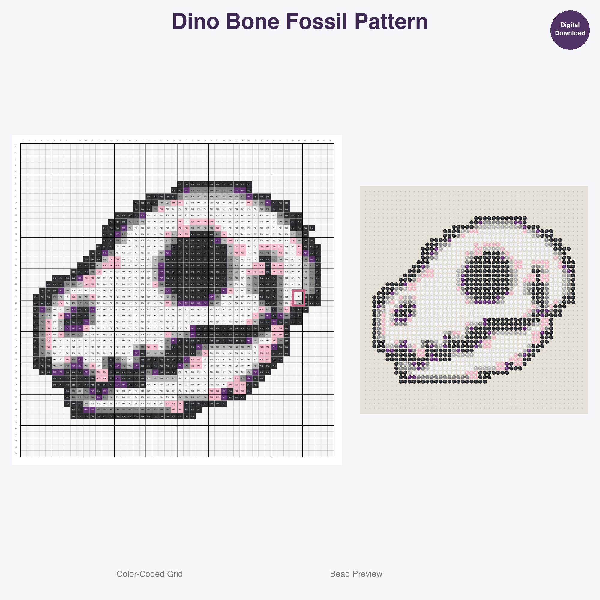 Cute Dinosaurs Perler Bead Patterns, 48 Designs x 3 Grid Sizes (29x29 + 50x50 + 128x128), Fuse Bead PDF Digital Download