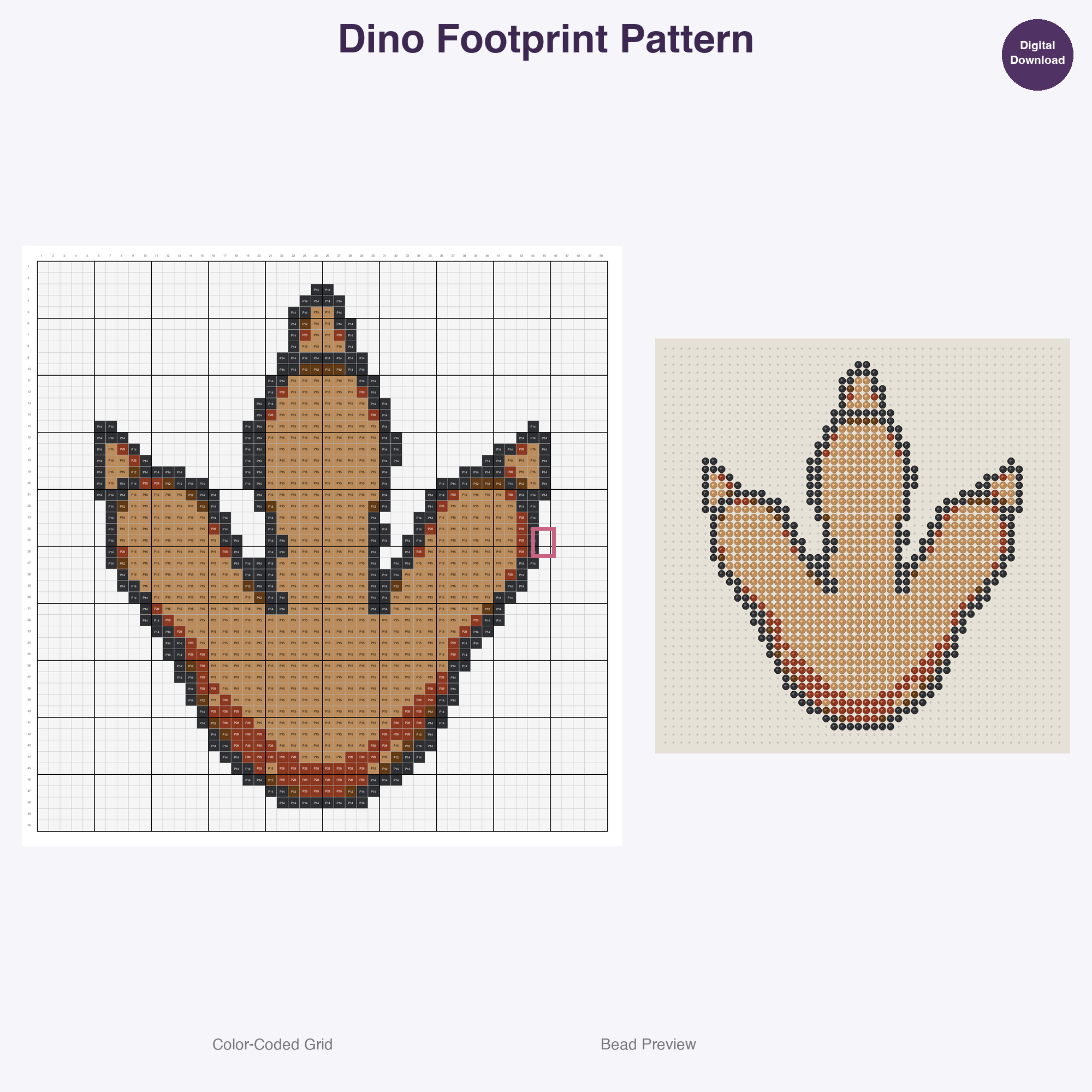 Cute Dinosaurs Perler Bead Patterns, 48 Designs x 3 Grid Sizes (29x29 + 50x50 + 128x128), Fuse Bead PDF Digital Download