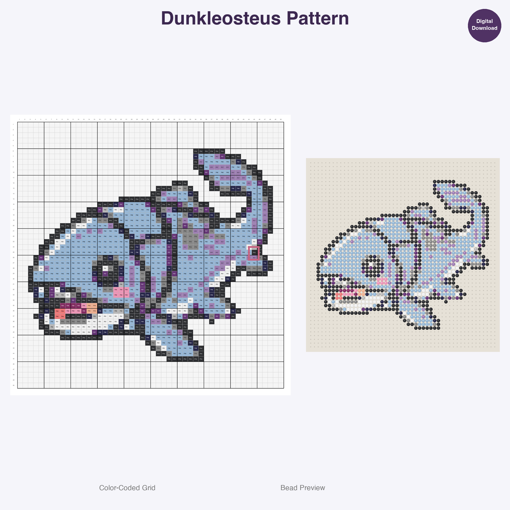 Cute Dinosaurs Perler Bead Patterns, 48 Designs x 3 Grid Sizes (29x29 + 50x50 + 128x128), Fuse Bead PDF Digital Download