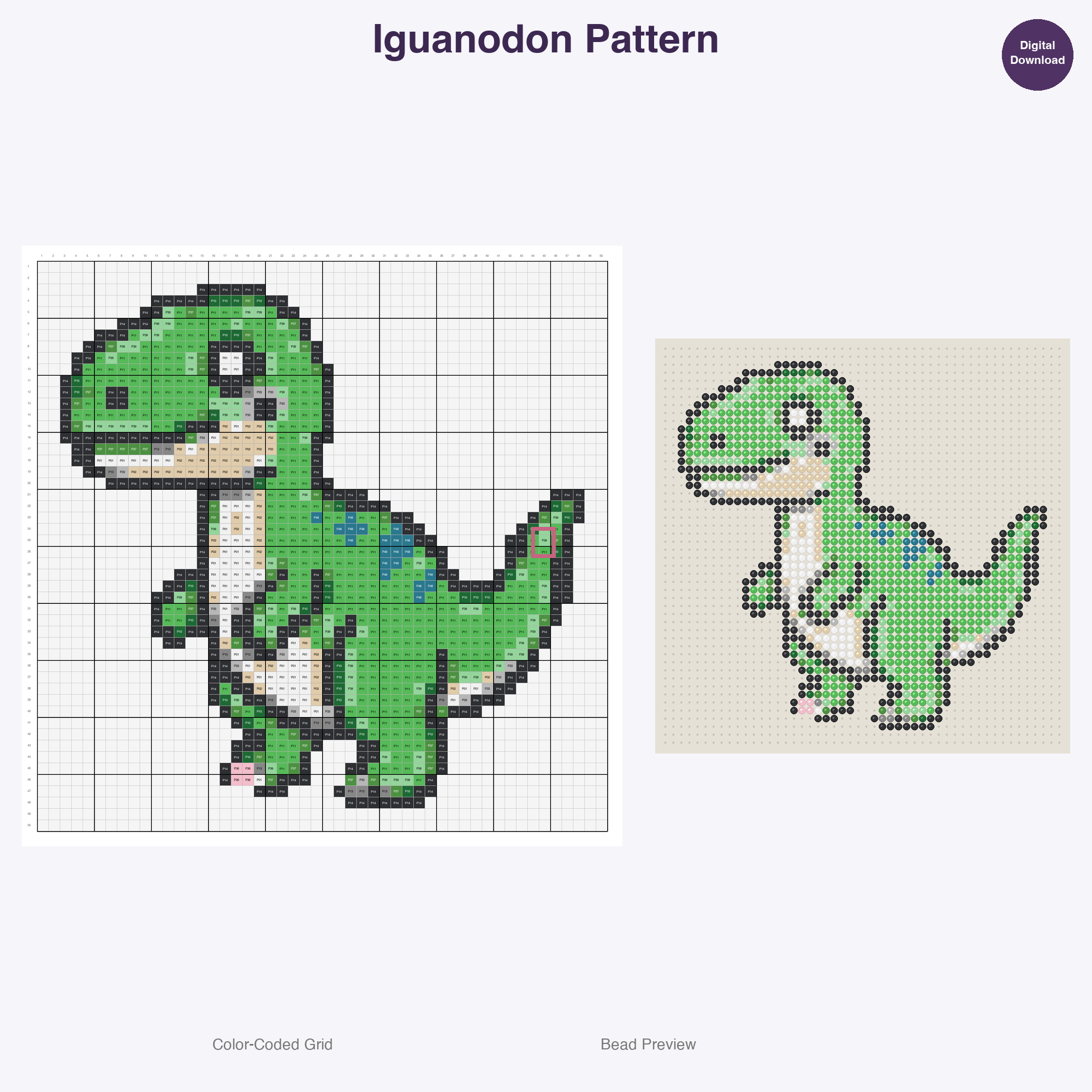 Cute Dinosaurs Perler Bead Patterns, 48 Designs x 3 Grid Sizes (29x29 + 50x50 + 128x128), Fuse Bead PDF Digital Download