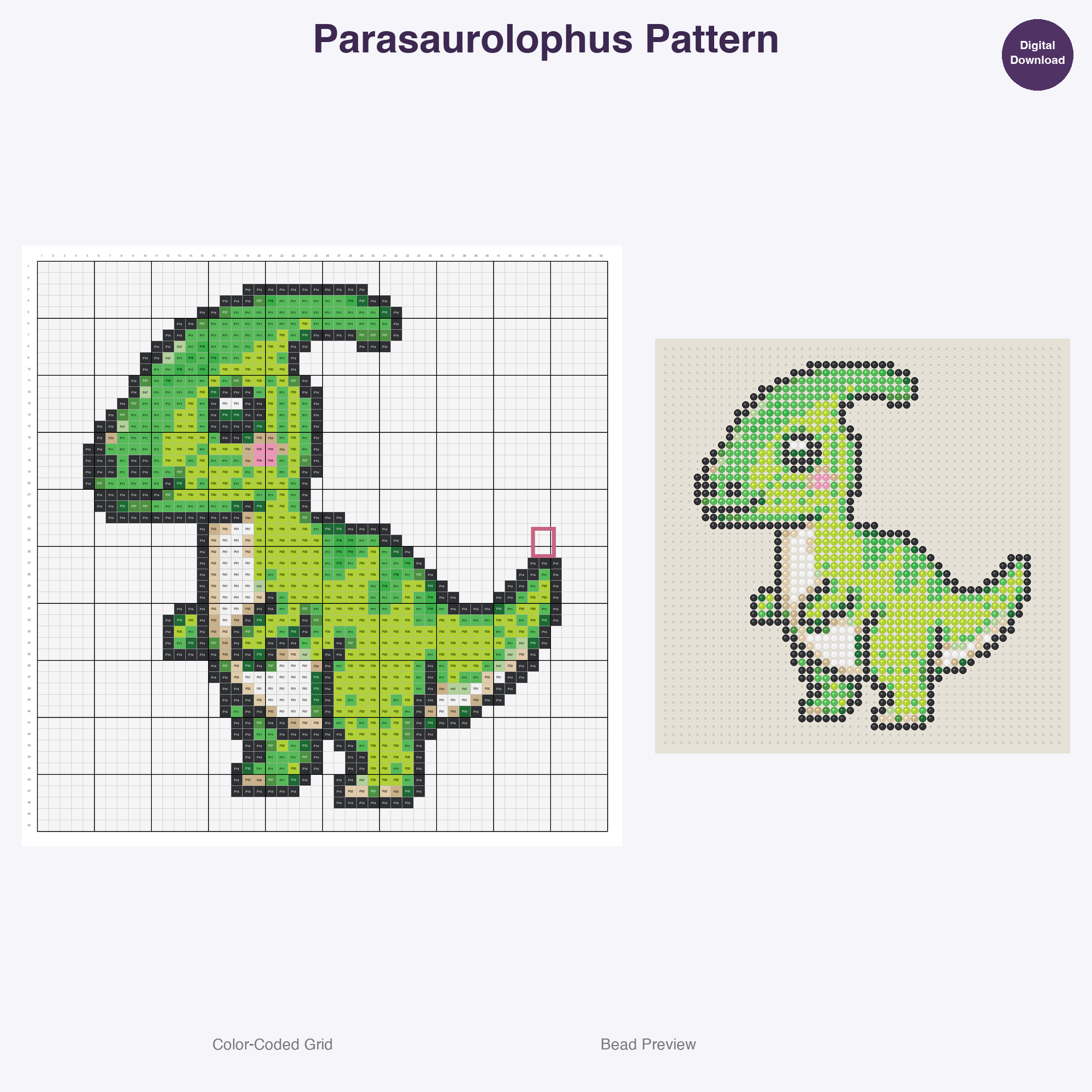 Cute Dinosaurs Perler Bead Patterns, 48 Designs x 3 Grid Sizes (29x29 + 50x50 + 128x128), Fuse Bead PDF Digital Download