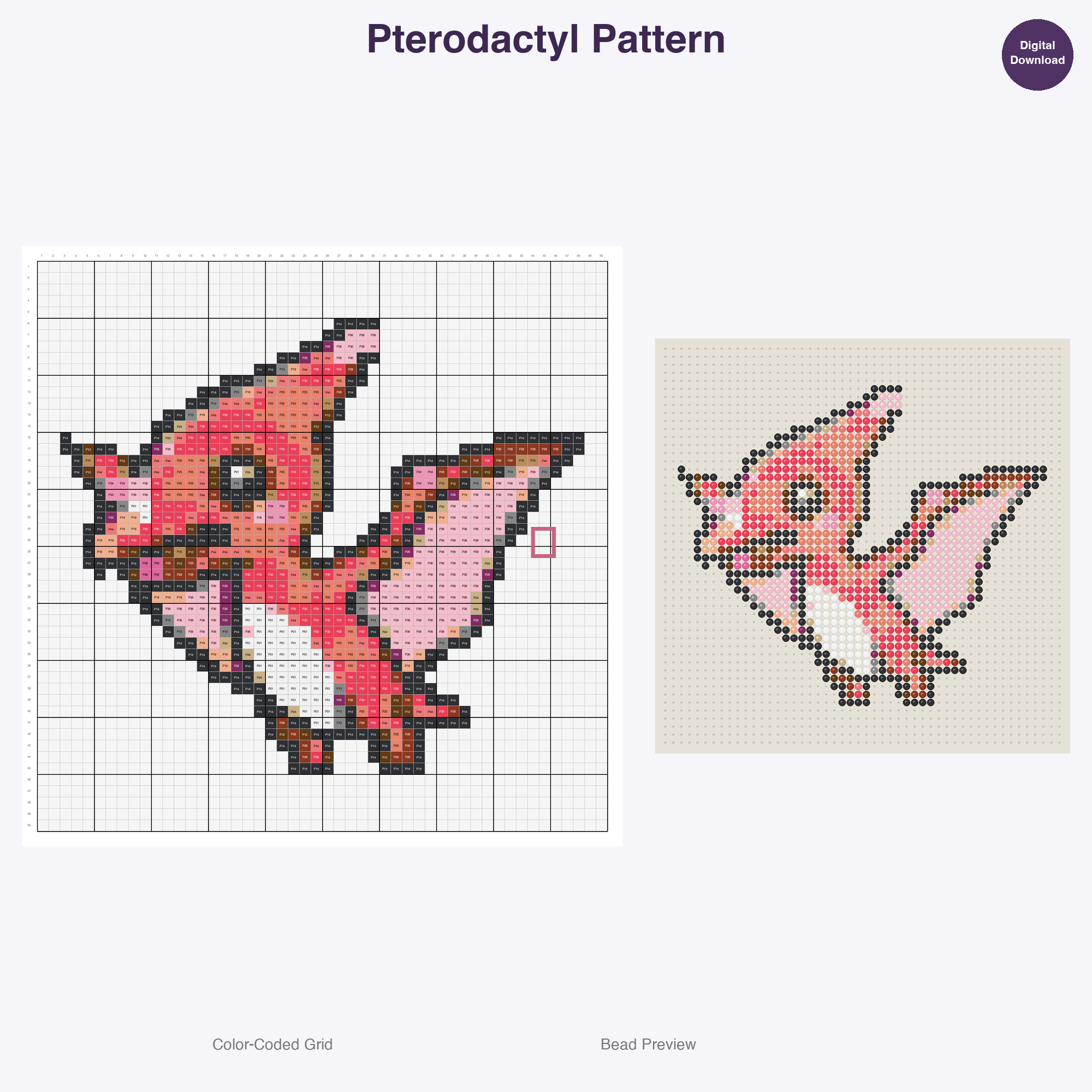 Cute Dinosaurs Perler Bead Patterns, 48 Designs x 3 Grid Sizes (29x29 + 50x50 + 128x128), Fuse Bead PDF Digital Download