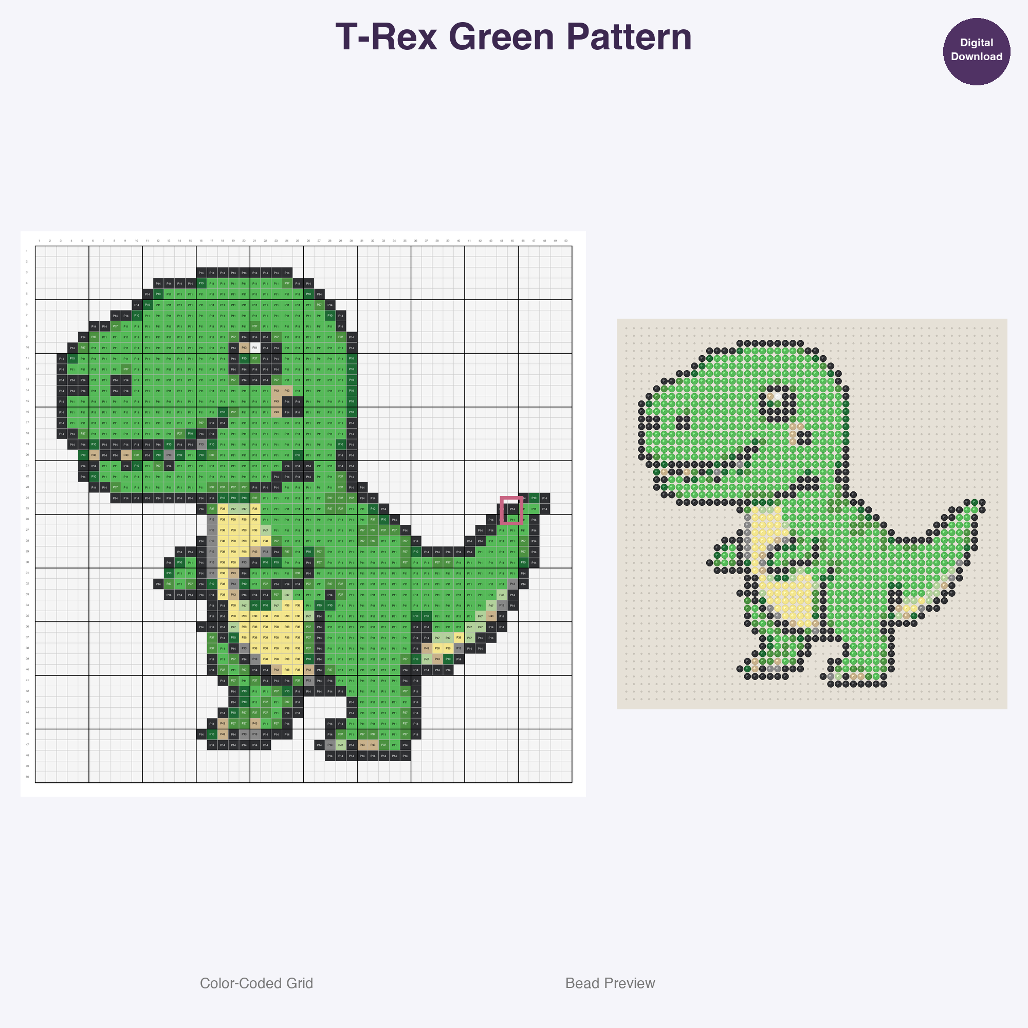 Cute Dinosaurs Perler Bead Patterns, 48 Designs x 3 Grid Sizes (29x29 + 50x50 + 128x128), Fuse Bead PDF Digital Download