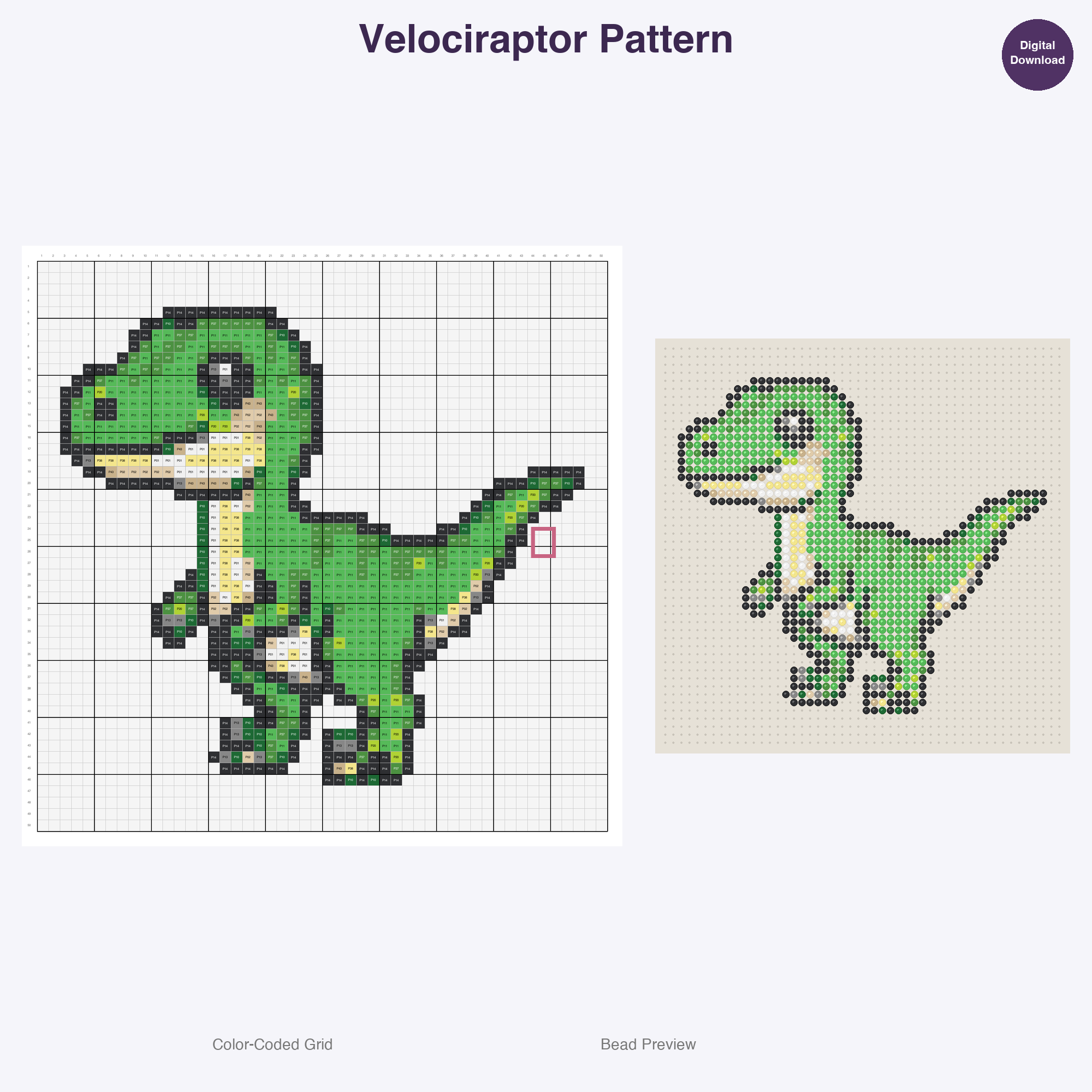 Cute Dinosaurs Perler Bead Patterns, 48 Designs x 3 Grid Sizes (29x29 + 50x50 + 128x128), Fuse Bead PDF Digital Download