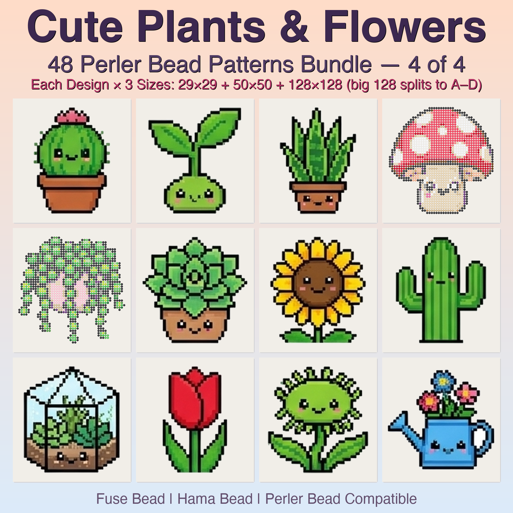 Cute Plants & Flowers Perler Bead Patterns, 48 Designs x 3 Grid Sizes (29x29 + 50x50 + 128x128), Fuse Bead PDF Digital Download