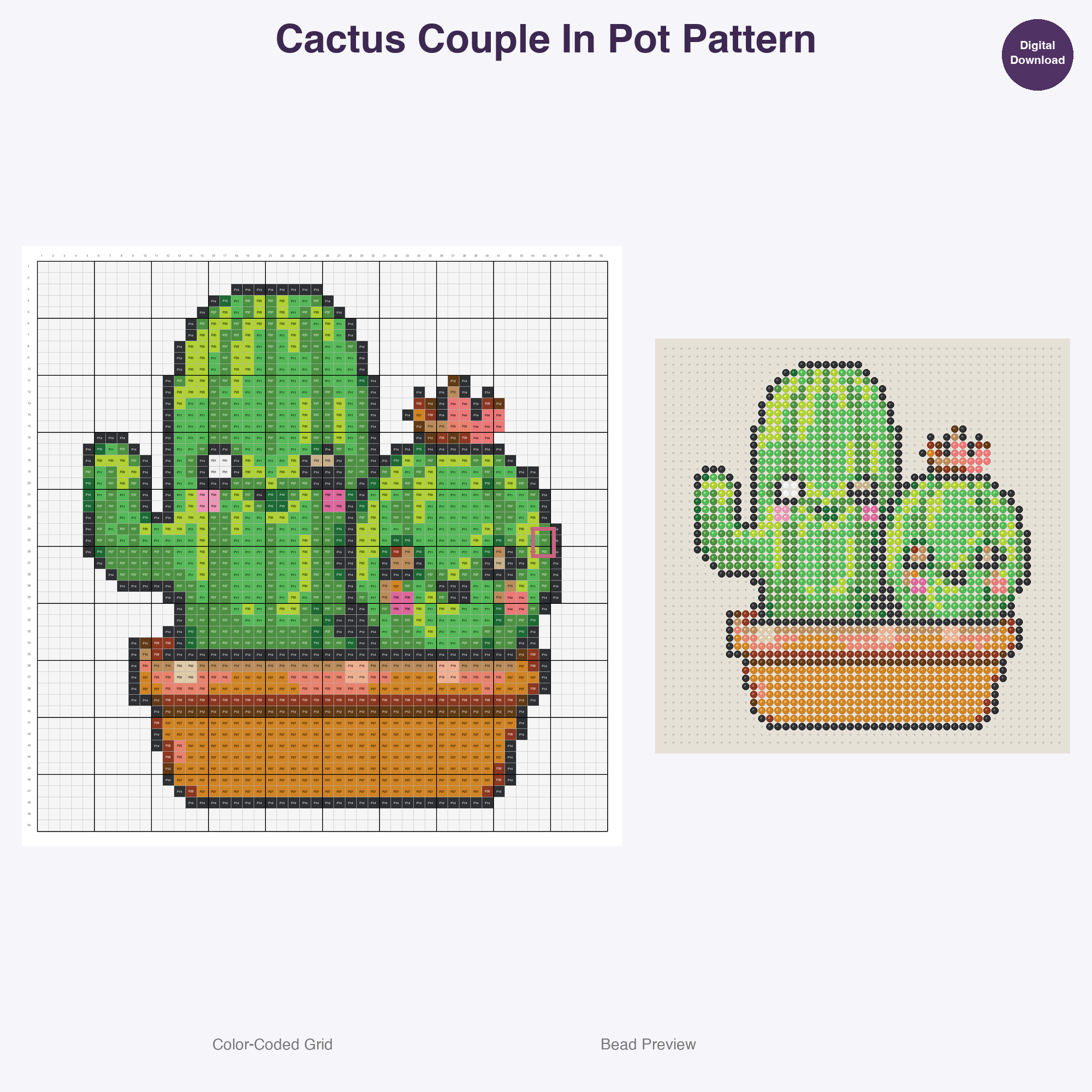 Cute Plants & Flowers Perler Bead Patterns, 48 Designs x 3 Grid Sizes (29x29 + 50x50 + 128x128), Fuse Bead PDF Digital Download