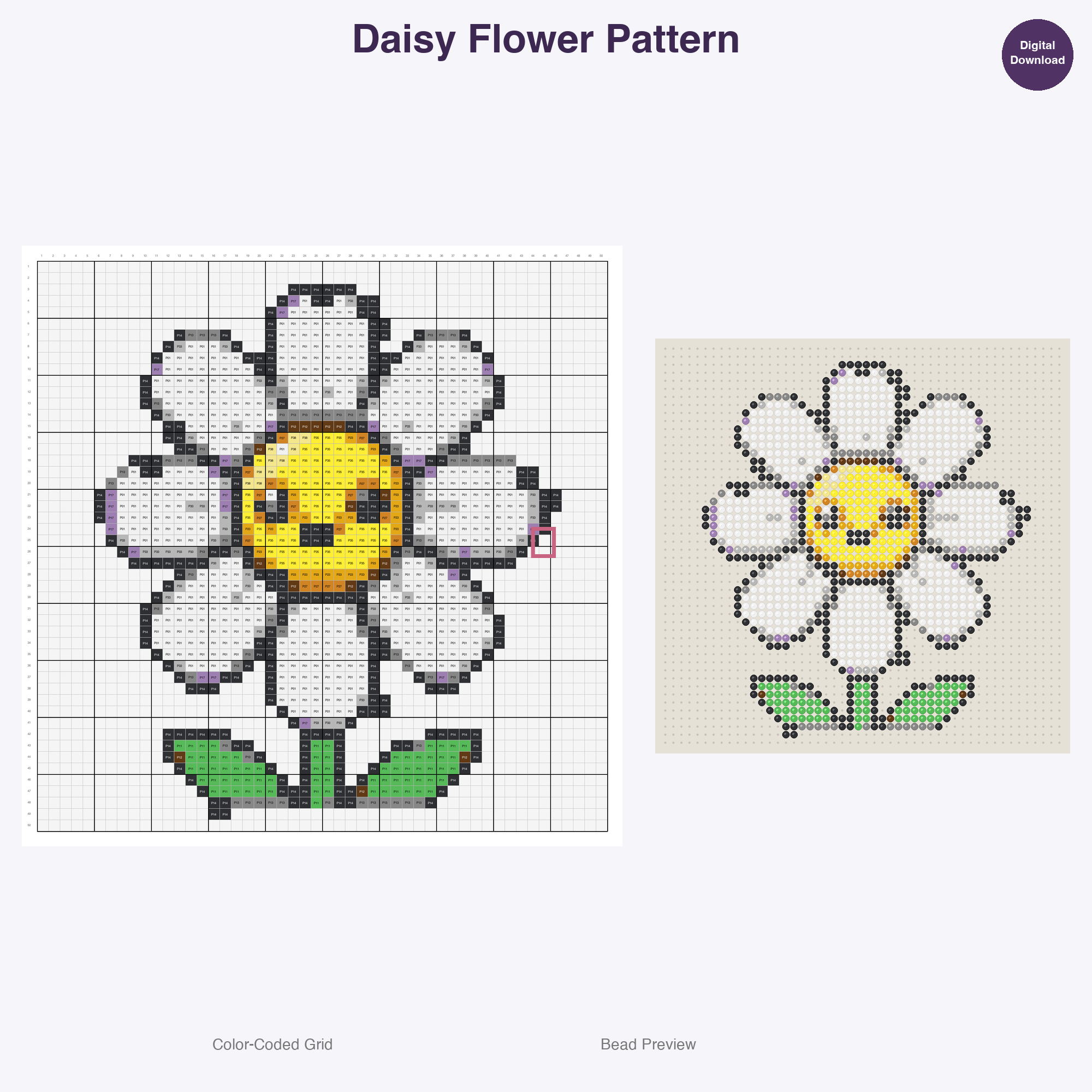 Cute Plants & Flowers Perler Bead Patterns, 48 Designs x 3 Grid Sizes (29x29 + 50x50 + 128x128), Fuse Bead PDF Digital Download