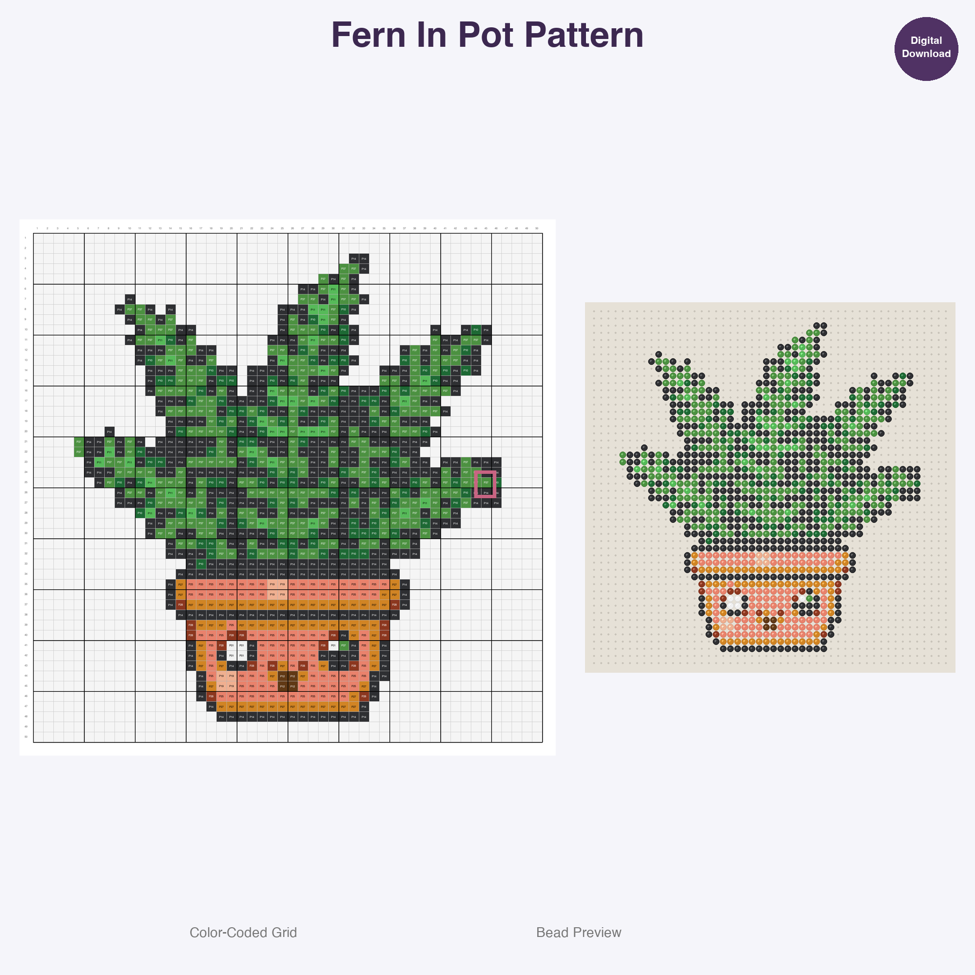 Cute Plants & Flowers Perler Bead Patterns, 48 Designs x 3 Grid Sizes (29x29 + 50x50 + 128x128), Fuse Bead PDF Digital Download