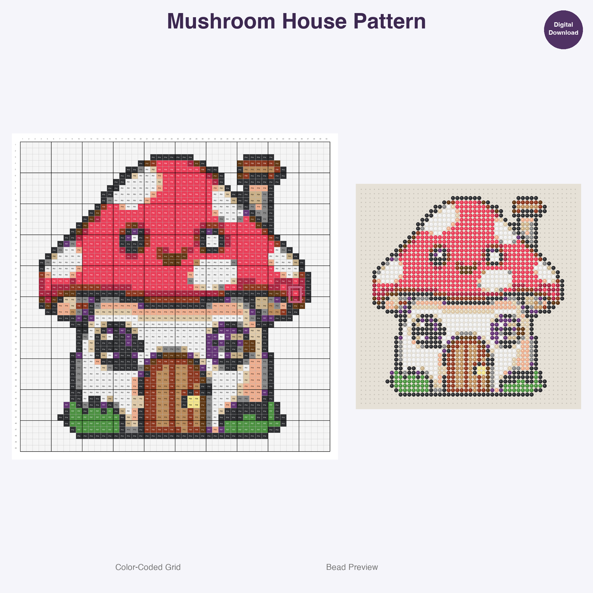 Cute Plants & Flowers Perler Bead Patterns, 48 Designs x 3 Grid Sizes (29x29 + 50x50 + 128x128), Fuse Bead PDF Digital Download