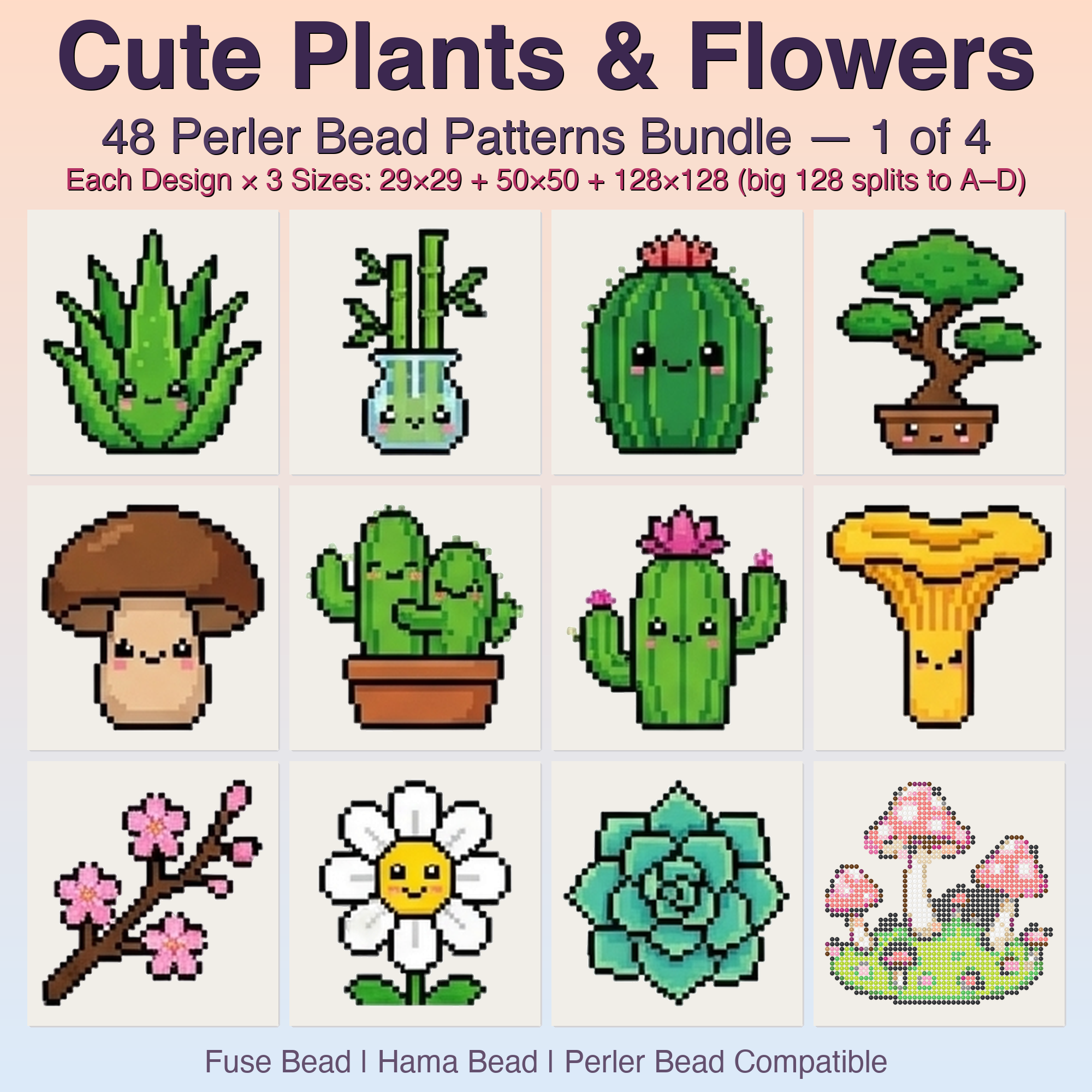 Cute Plants & Flowers Perler Bead Patterns, 48 Designs x 3 Grid Sizes (29x29 + 50x50 + 128x128), Fuse Bead PDF Digital Download