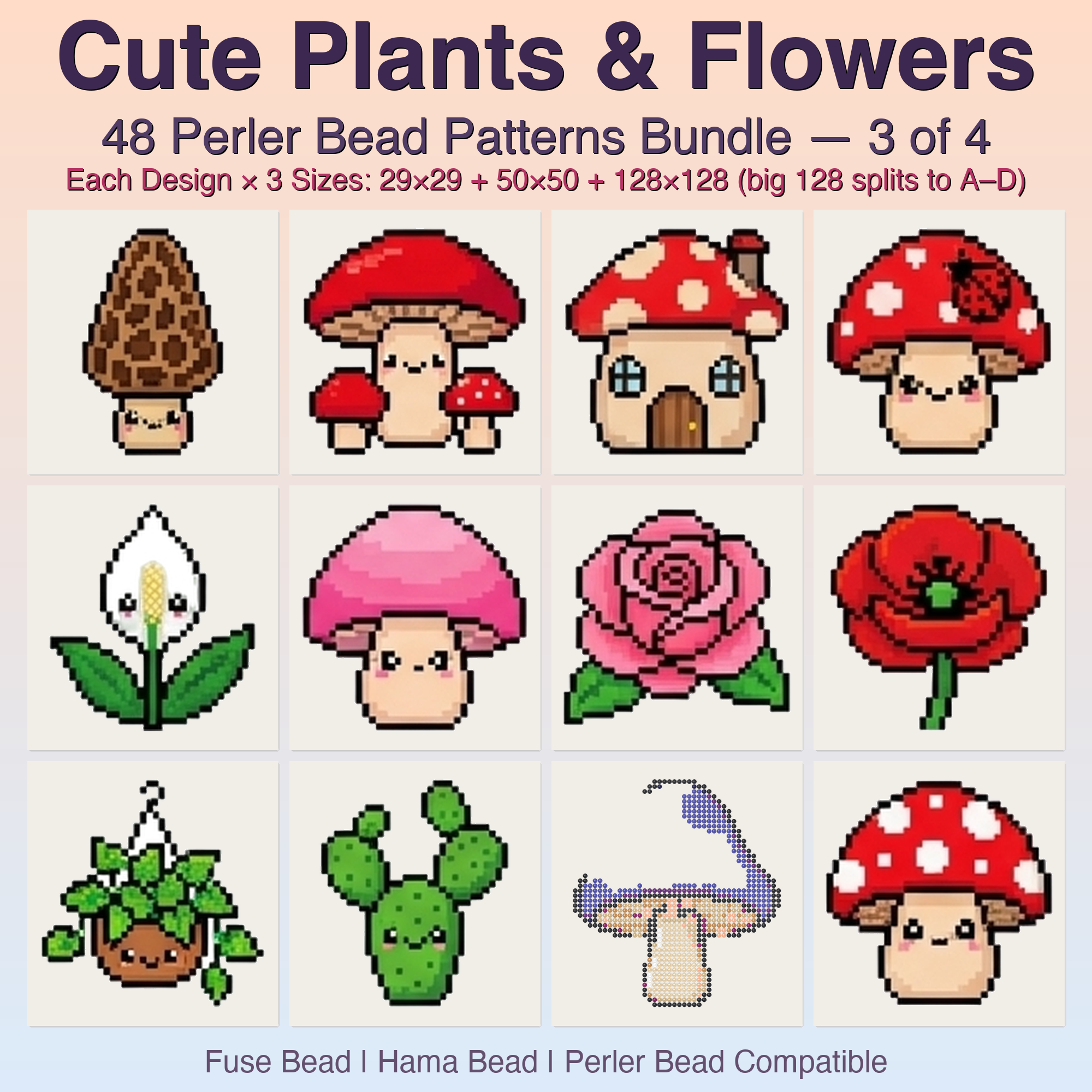 Cute Plants & Flowers Perler Bead Patterns, 48 Designs x 3 Grid Sizes (29x29 + 50x50 + 128x128), Fuse Bead PDF Digital Download