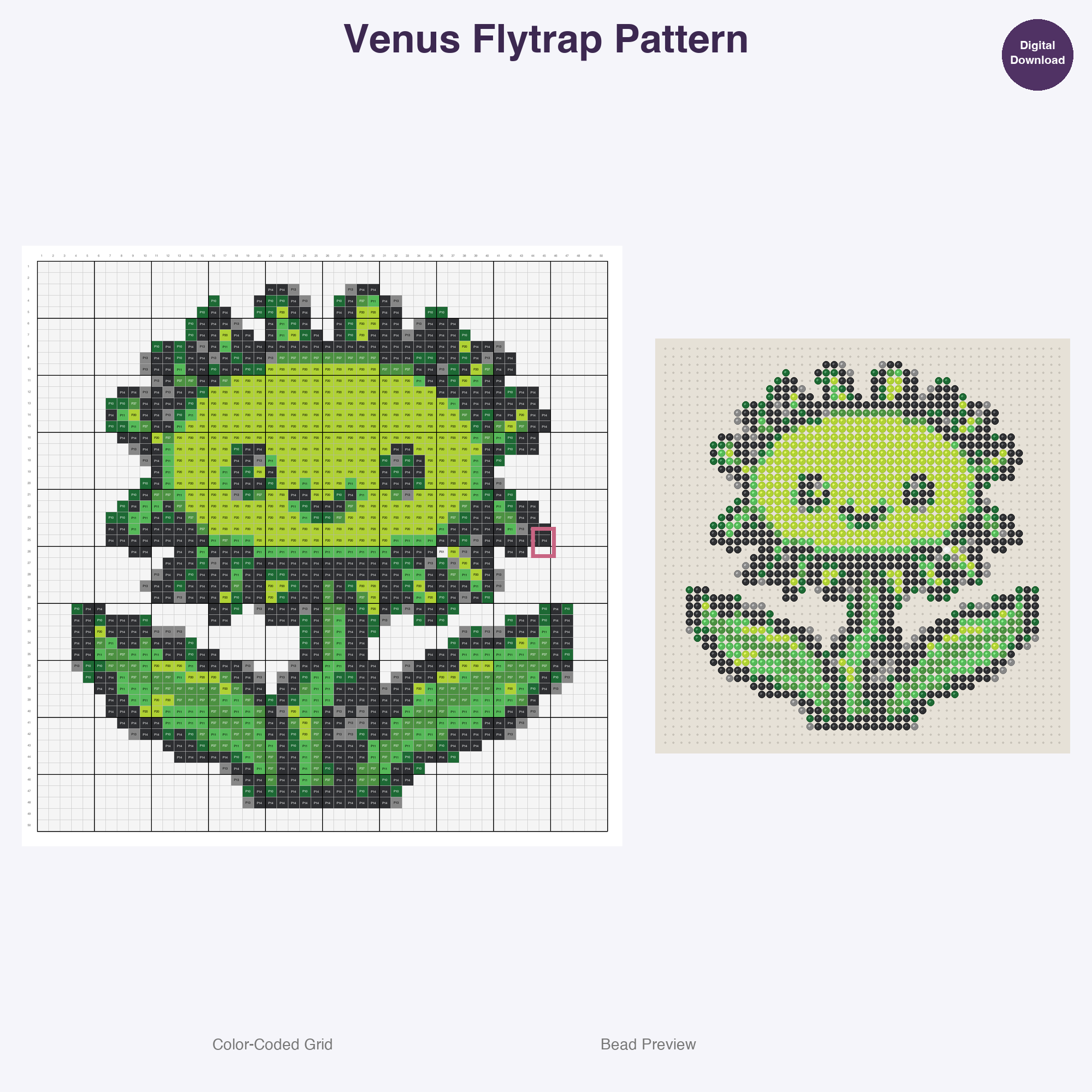 Cute Plants & Flowers Perler Bead Patterns, 48 Designs x 3 Grid Sizes (29x29 + 50x50 + 128x128), Fuse Bead PDF Digital Download