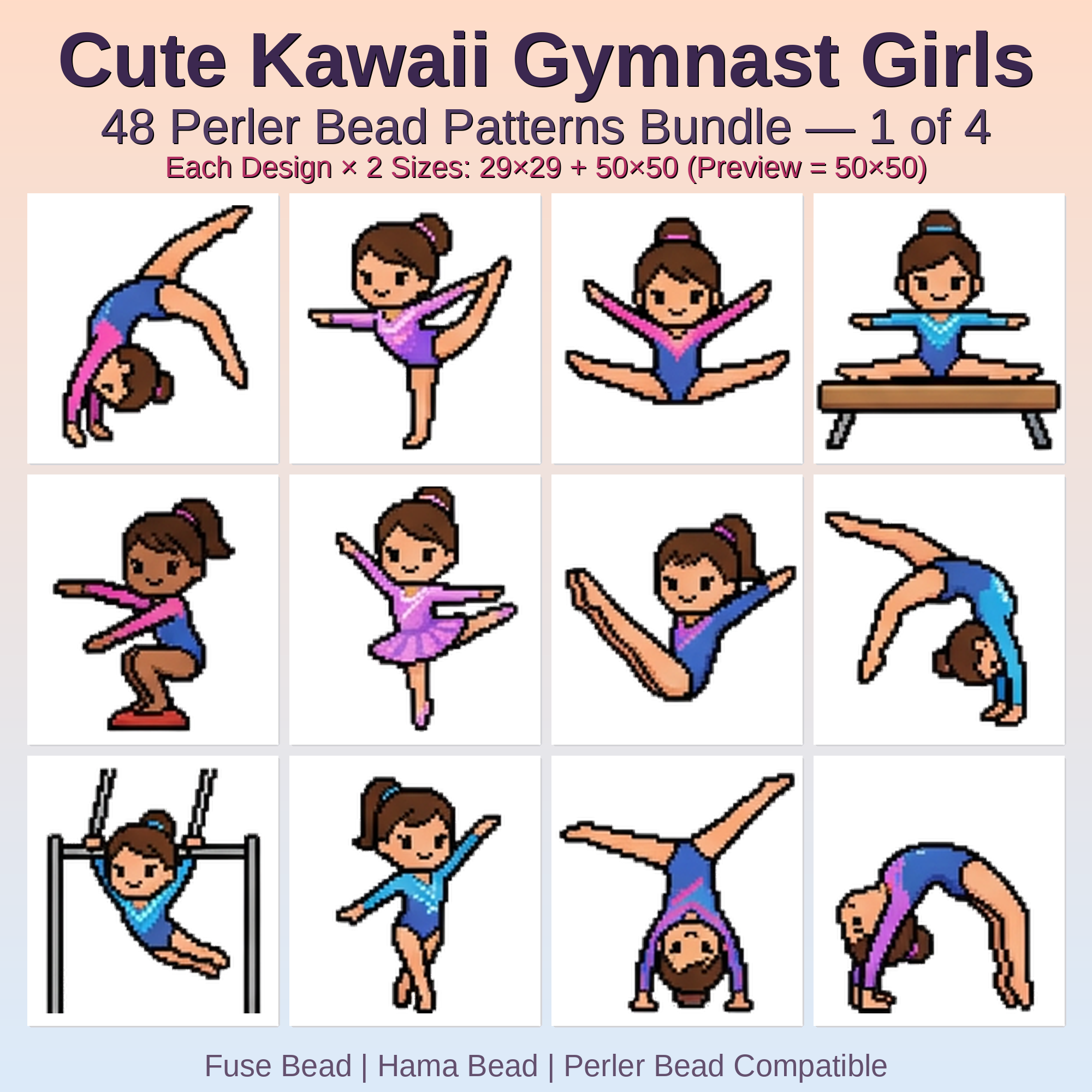 Cute Kawaii Gymnast Girls Perler Bead Patterns Bundle, 48 Designs (PDF Digital Download)