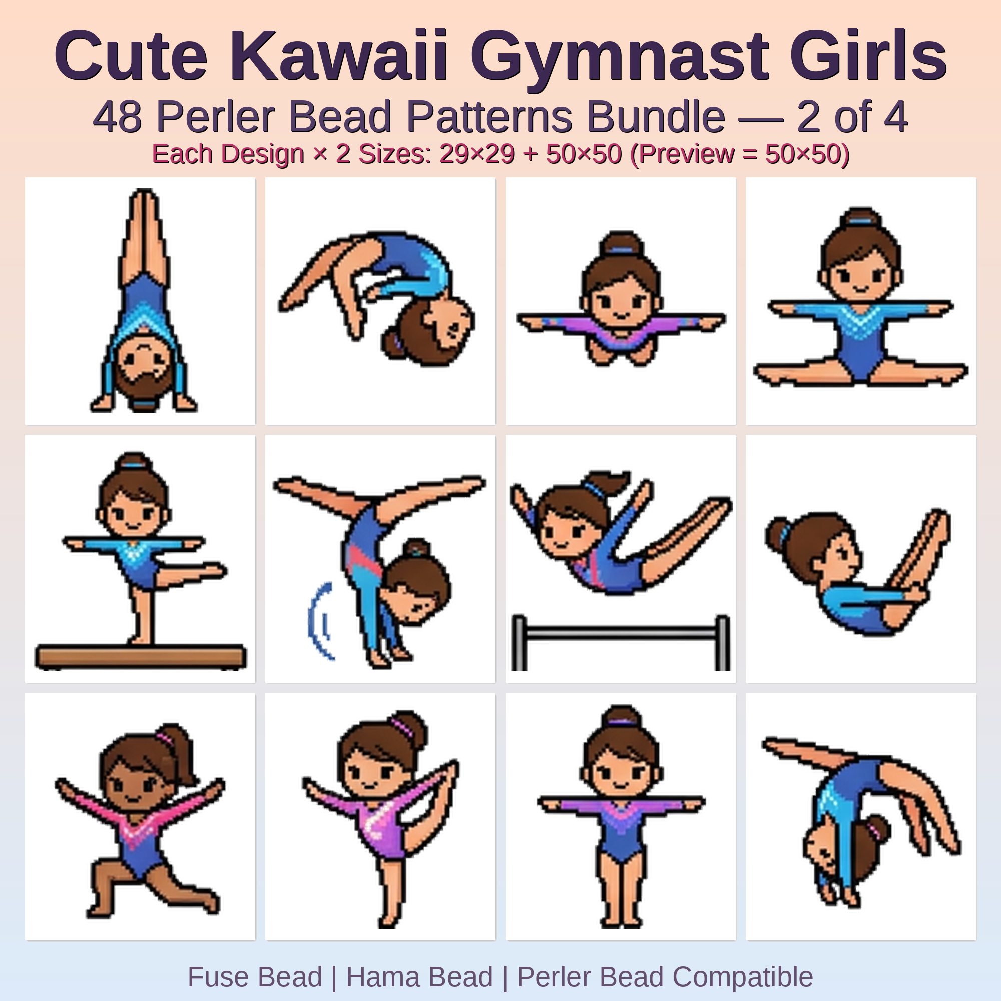 Cute Kawaii Gymnast Girls Perler Bead Patterns Bundle, 48 Designs (PDF Digital Download)