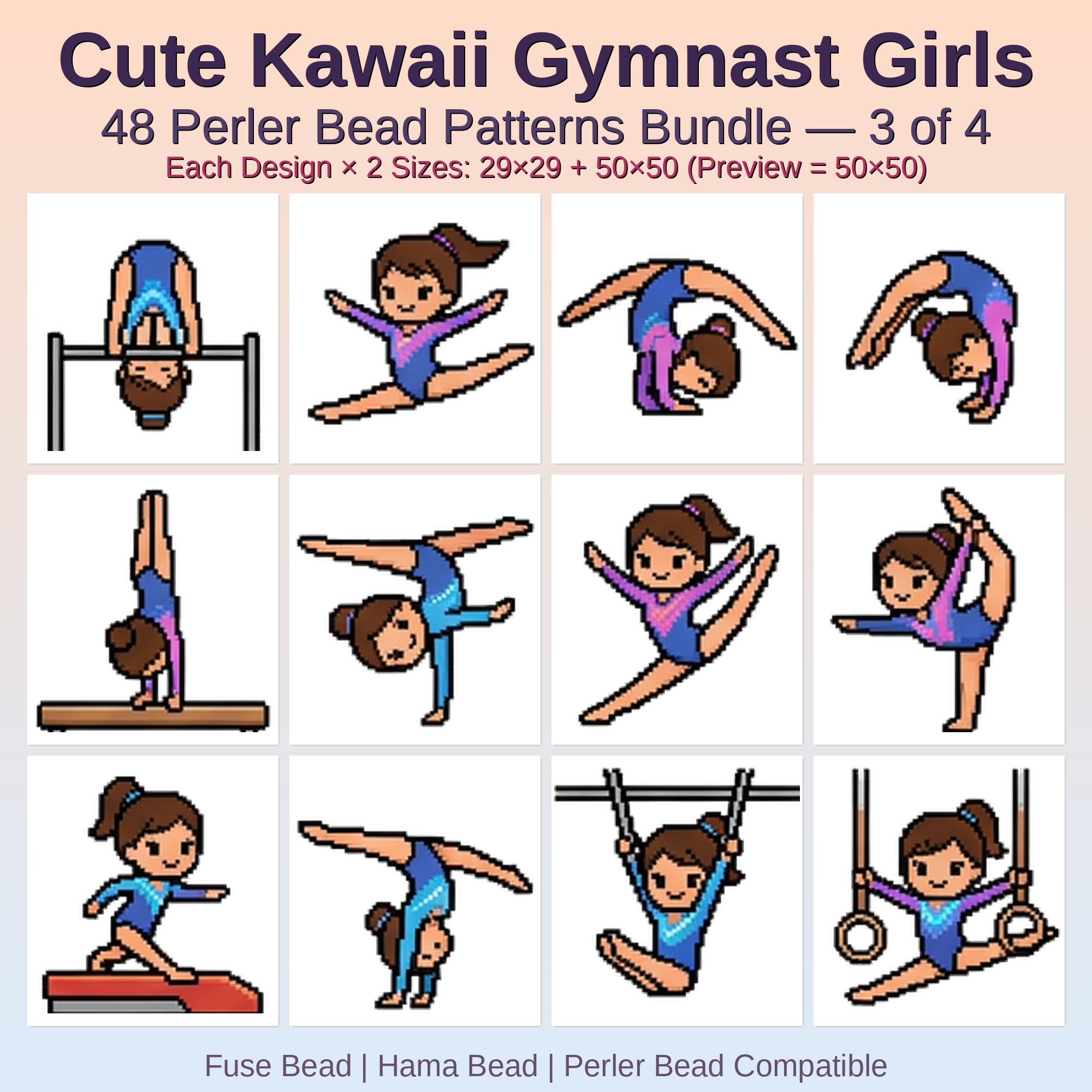 Cute Kawaii Gymnast Girls Perler Bead Patterns Bundle, 48 Designs (PDF Digital Download)