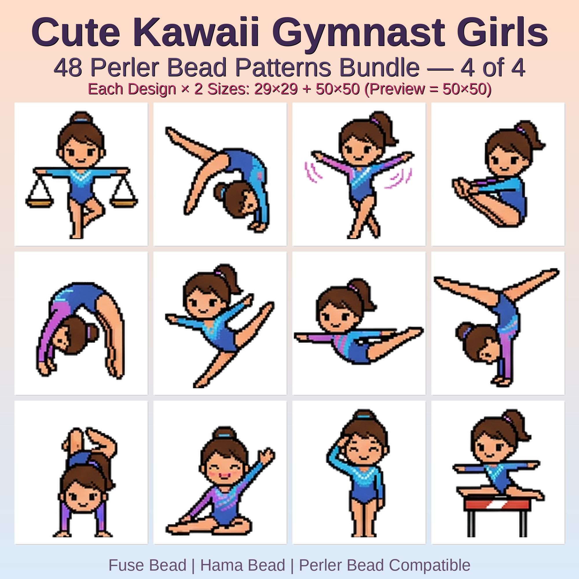 Cute Kawaii Gymnast Girls Perler Bead Patterns Bundle, 48 Designs (PDF Digital Download)