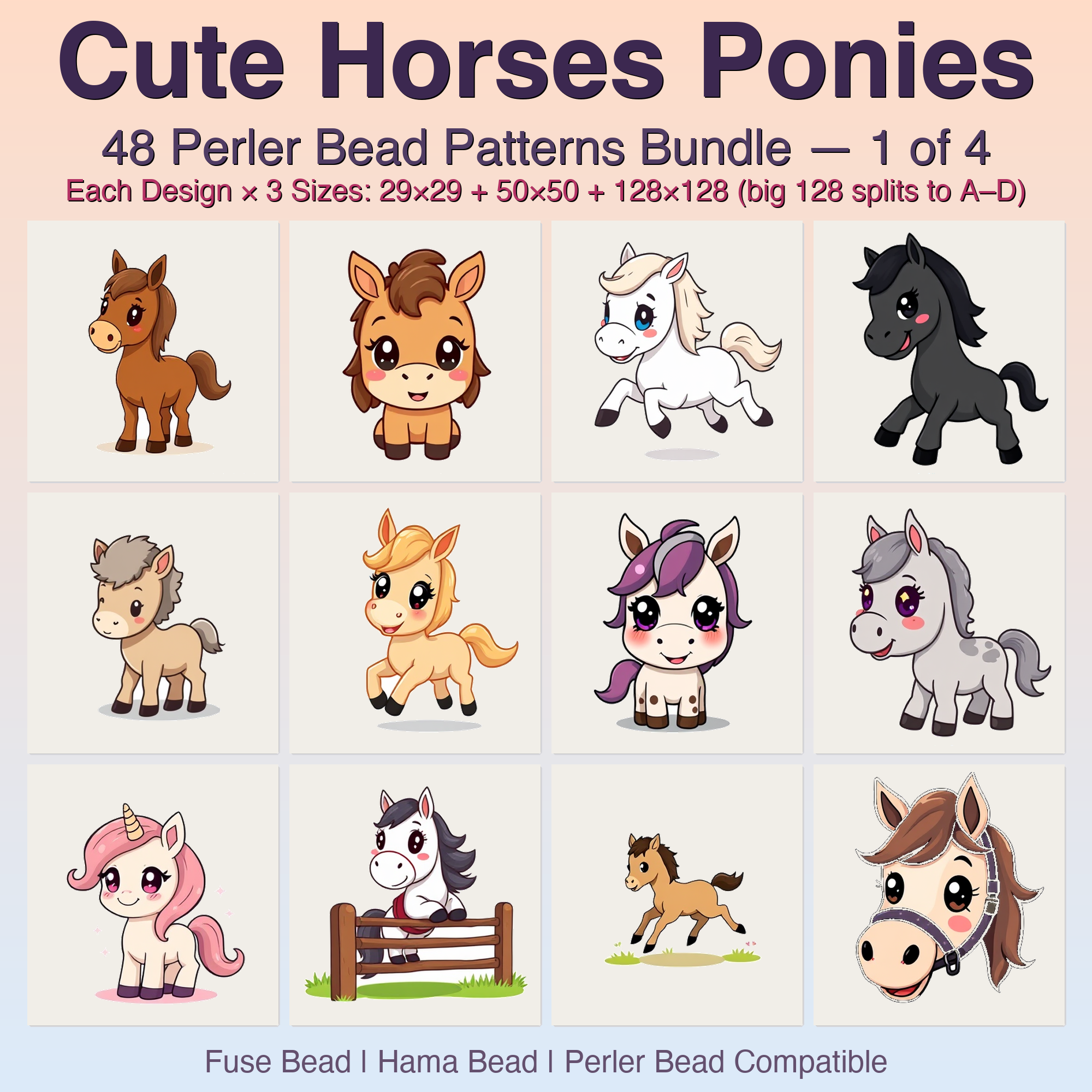 Cute Horses Ponies Perler Bead Patterns, 48 Designs x 3 Grid Sizes (29x29 + 50x50 + 128x128), Fuse Bead PDF Digital Download