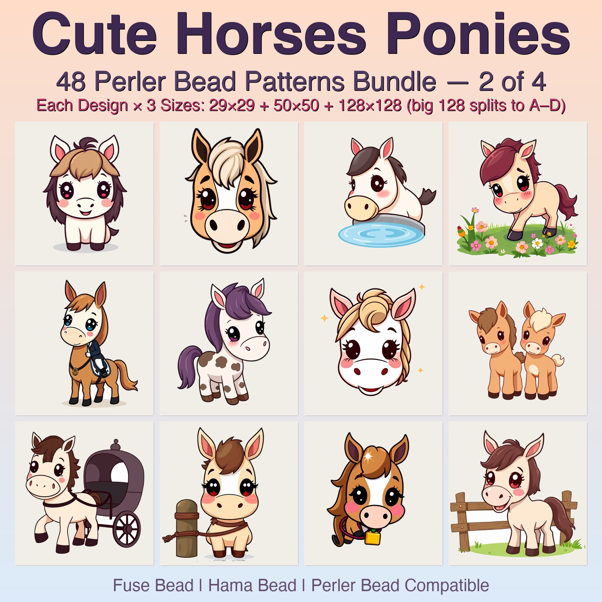 Cute Horses Ponies Perler Bead Patterns, 48 Designs x 3 Grid Sizes (29x29 + 50x50 + 128x128), Fuse Bead PDF Digital Download