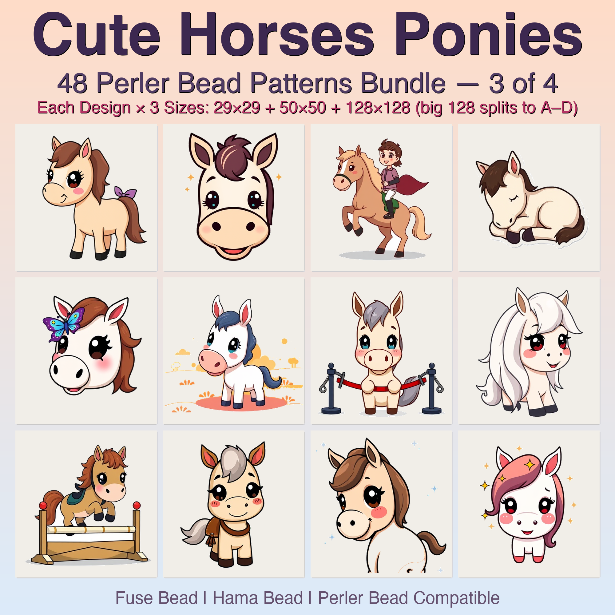 Cute Horses Ponies Perler Bead Patterns, 48 Designs x 3 Grid Sizes (29x29 + 50x50 + 128x128), Fuse Bead PDF Digital Download