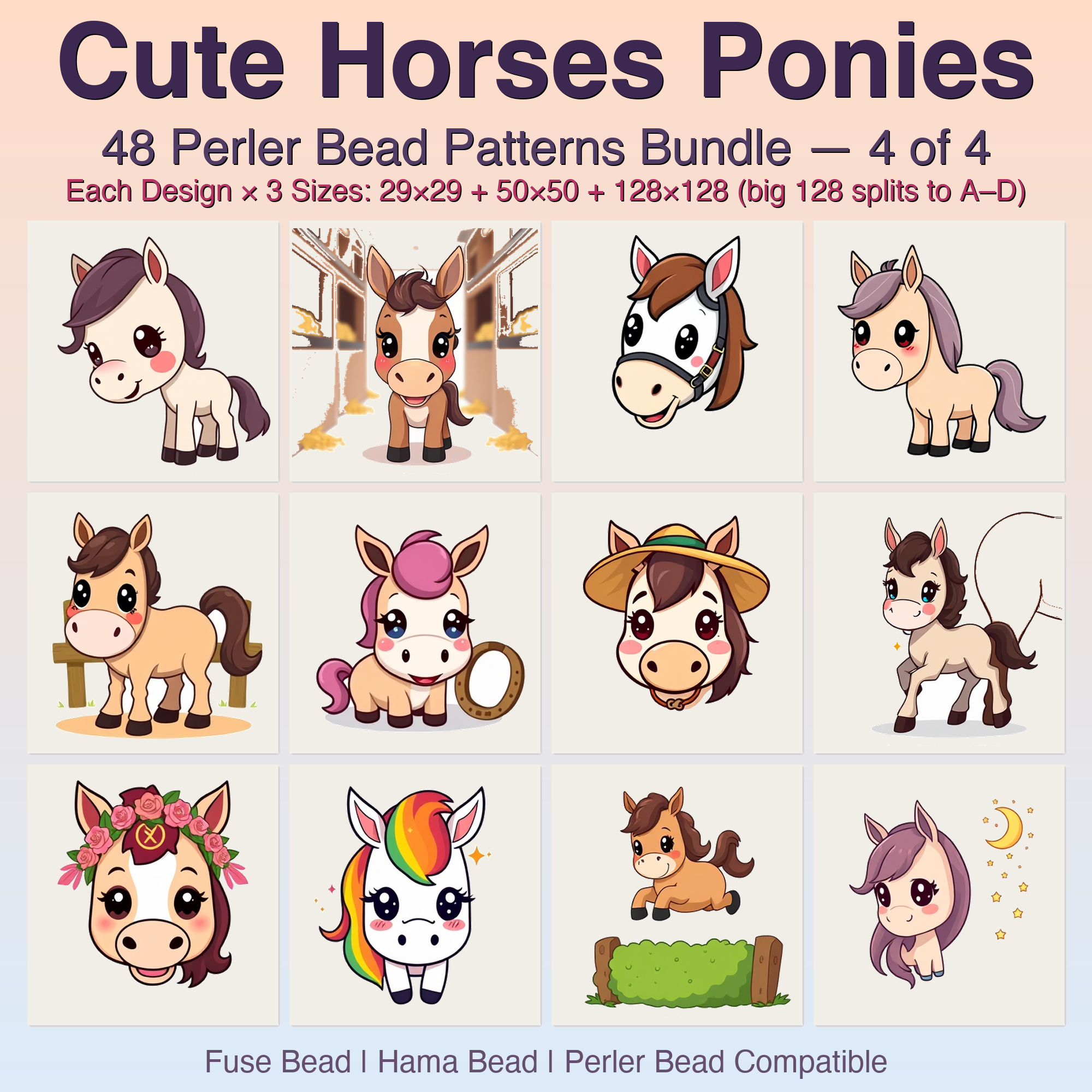 Cute Horses Ponies Perler Bead Patterns, 48 Designs x 3 Grid Sizes (29x29 + 50x50 + 128x128), Fuse Bead PDF Digital Download