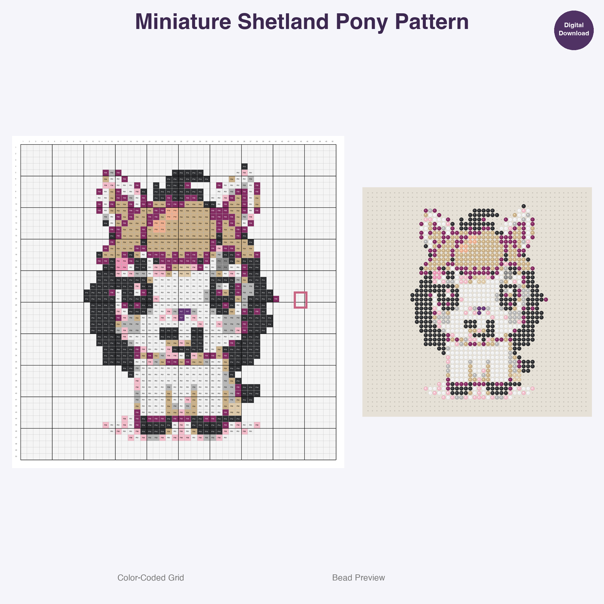 Cute Horses Ponies Perler Bead Patterns, 48 Designs x 3 Grid Sizes (29x29 + 50x50 + 128x128), Fuse Bead PDF Digital Download
