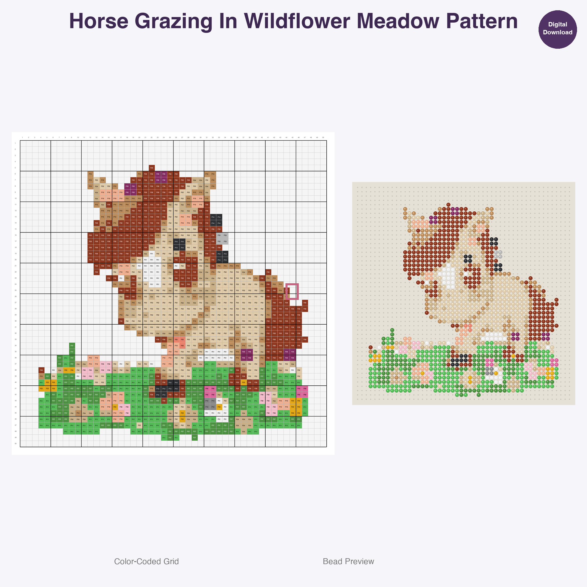 Cute Horses Ponies Perler Bead Patterns, 48 Designs x 3 Grid Sizes (29x29 + 50x50 + 128x128), Fuse Bead PDF Digital Download
