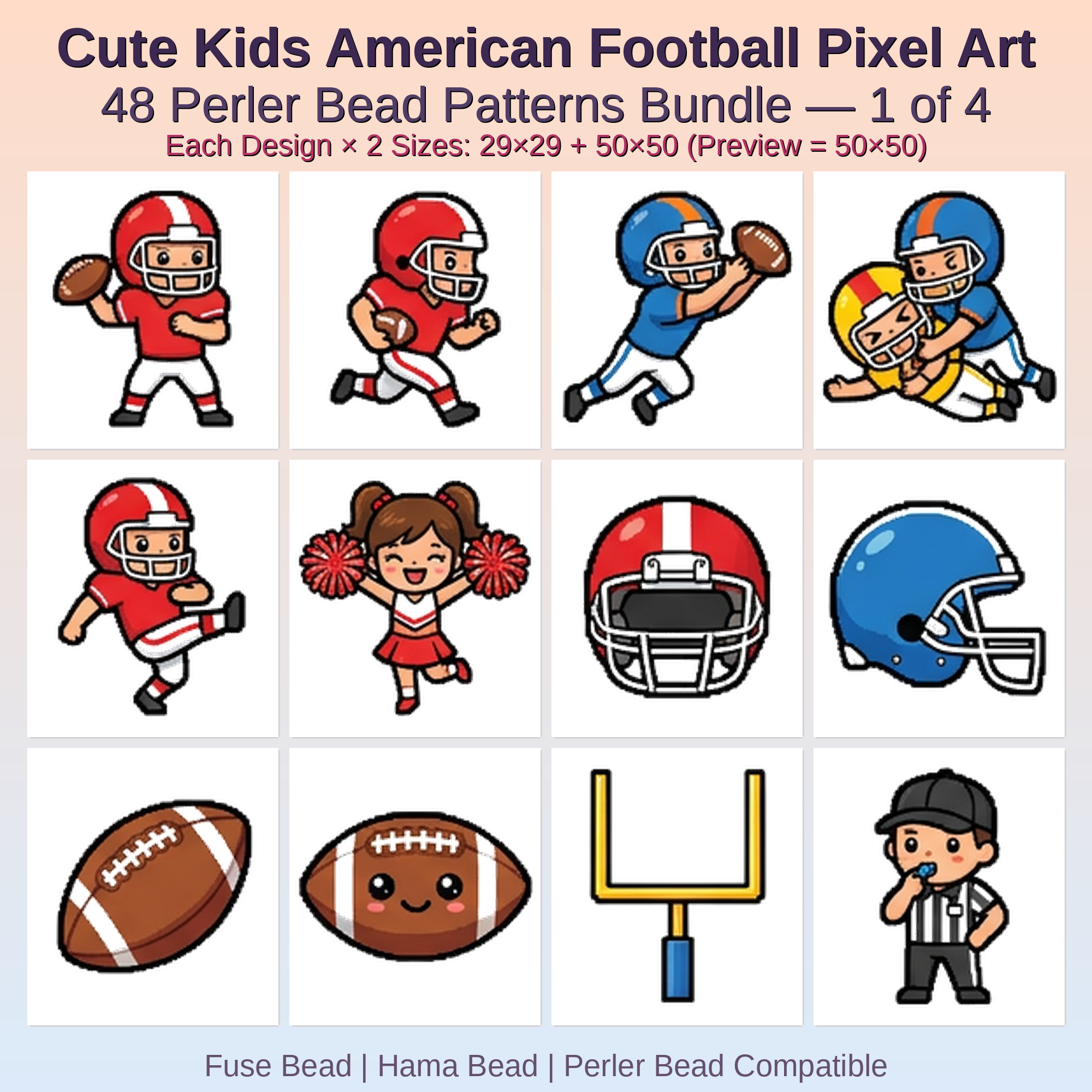 Cute Kids American Football Pixel Art Perler Bead Patterns Bundle, 48 Designs (PDF Digital Download)