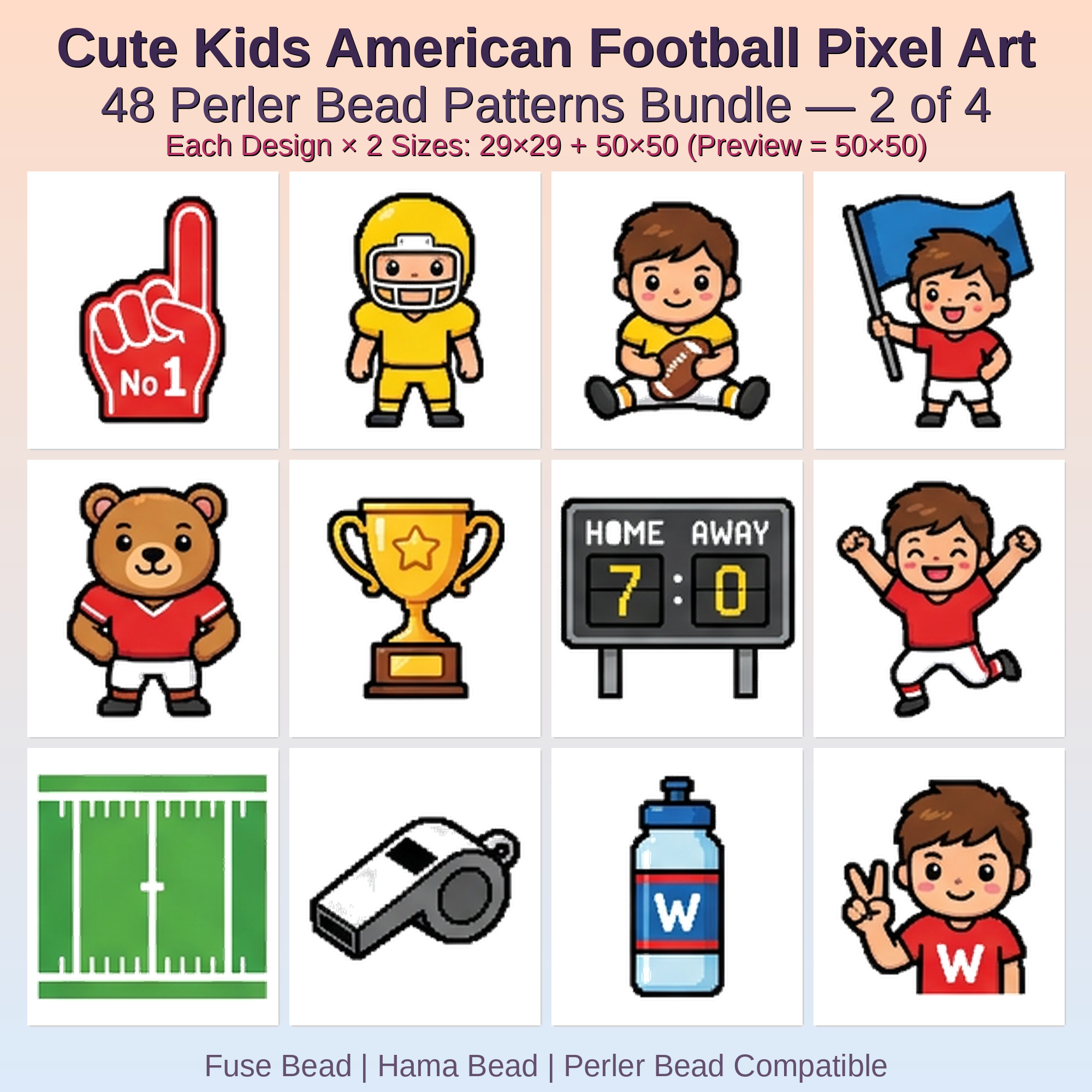 Cute Kids American Football Pixel Art Perler Bead Patterns Bundle, 48 Designs (PDF Digital Download)