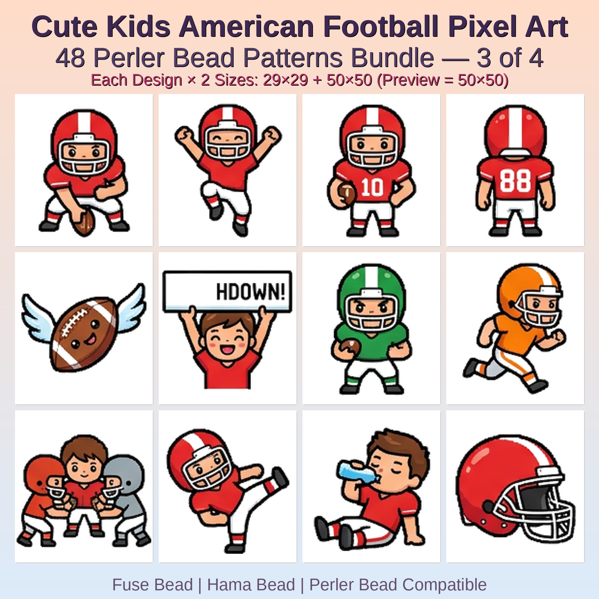 Cute Kids American Football Pixel Art Perler Bead Patterns Bundle, 48 Designs (PDF Digital Download)