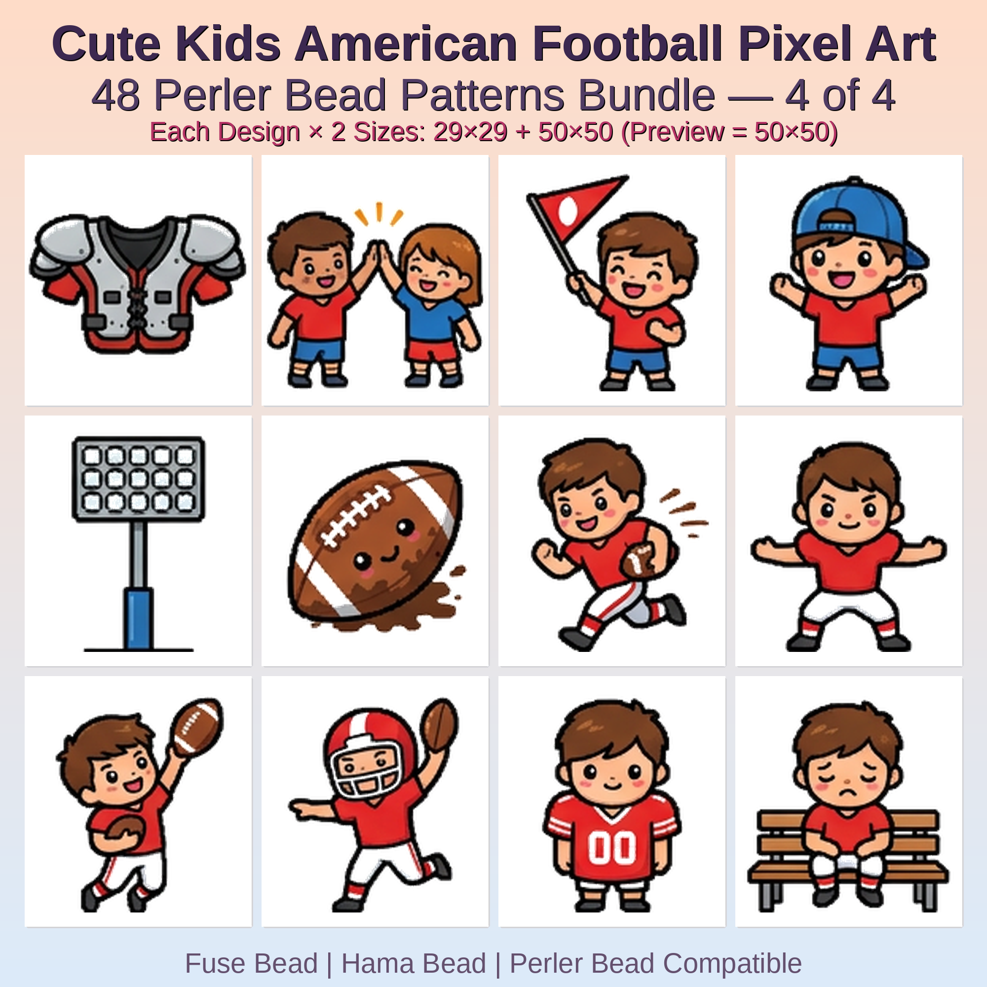 Cute Kids American Football Pixel Art Perler Bead Patterns Bundle, 48 Designs (PDF Digital Download)