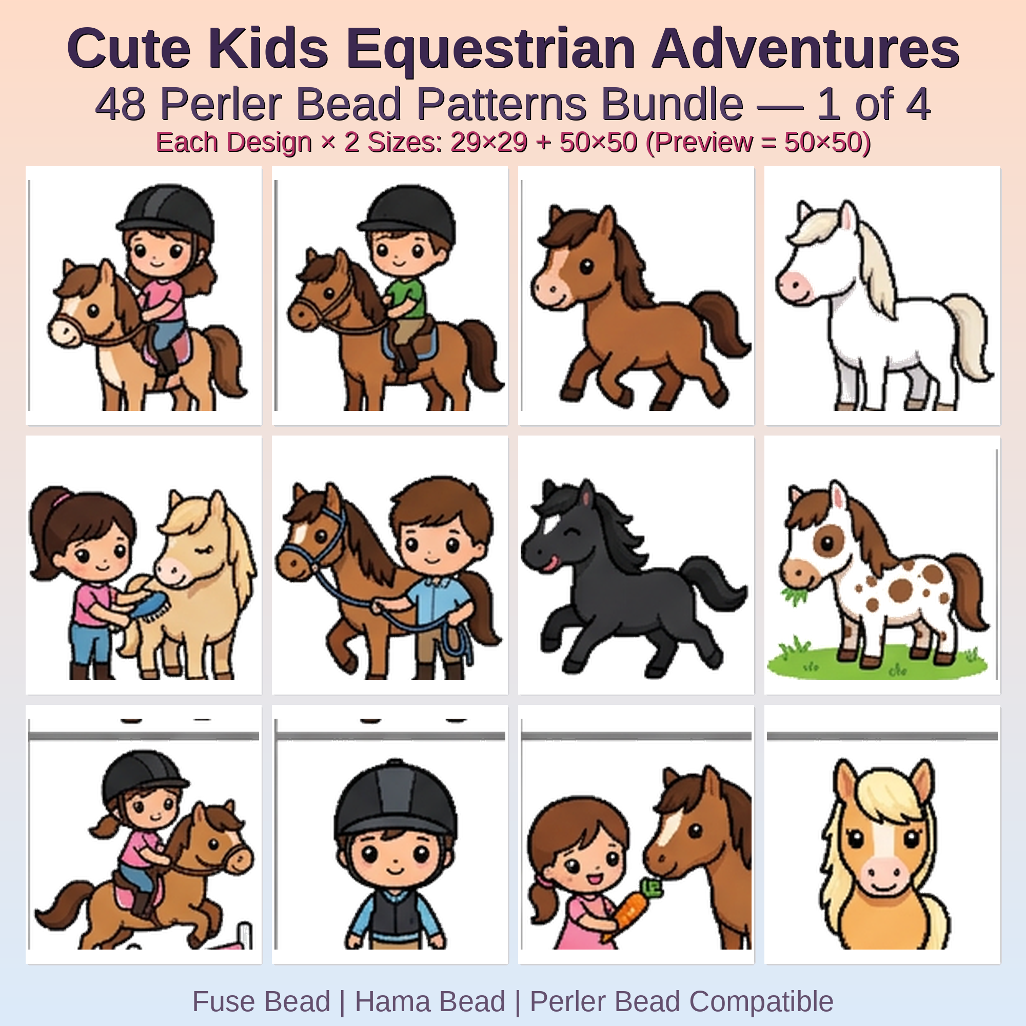 Cute Kids Equestrian Adventures Perler Bead Patterns Bundle, 48 Designs (PDF Digital Download)
