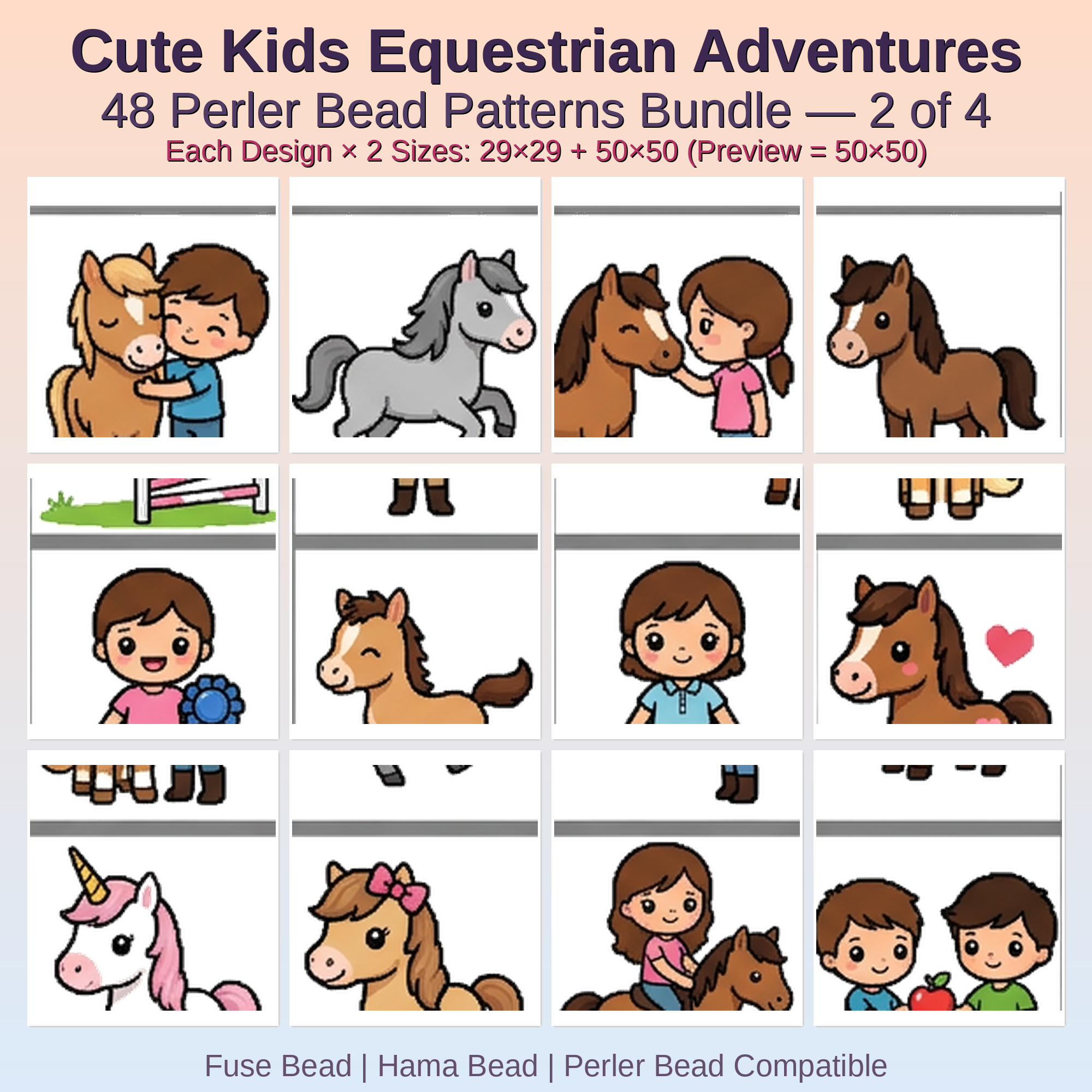 Cute Kids Equestrian Adventures Perler Bead Patterns Bundle, 48 Designs (PDF Digital Download)