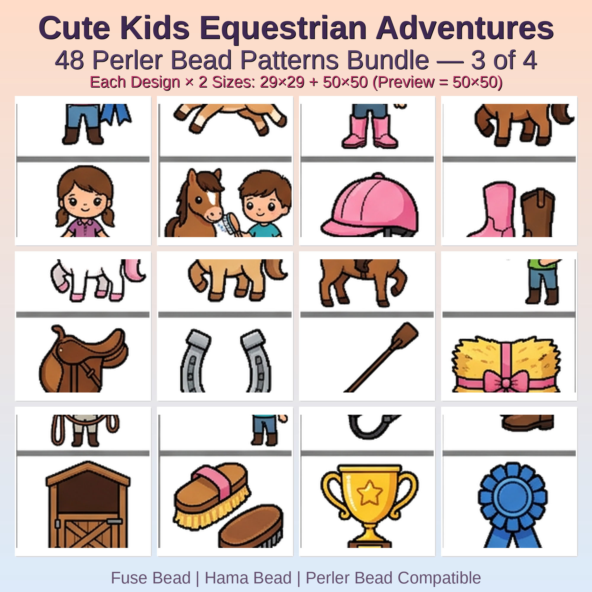 Cute Kids Equestrian Adventures Perler Bead Patterns Bundle, 48 Designs (PDF Digital Download)