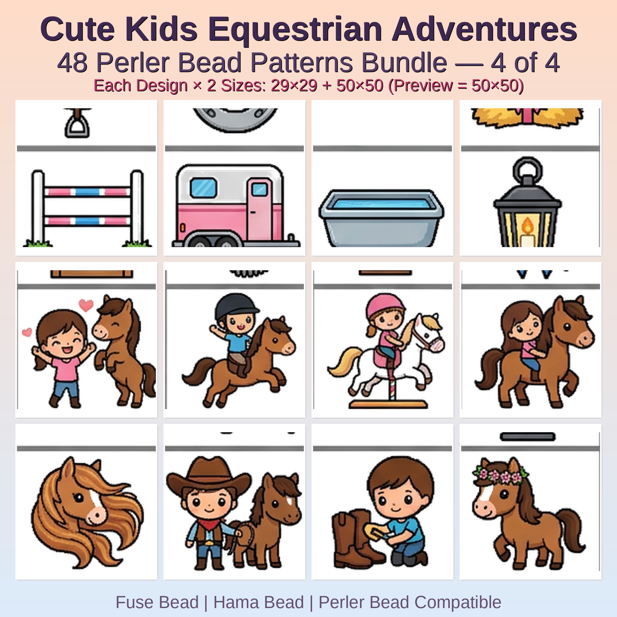 Cute Kids Equestrian Adventures Perler Bead Patterns Bundle, 48 Designs (PDF Digital Download)