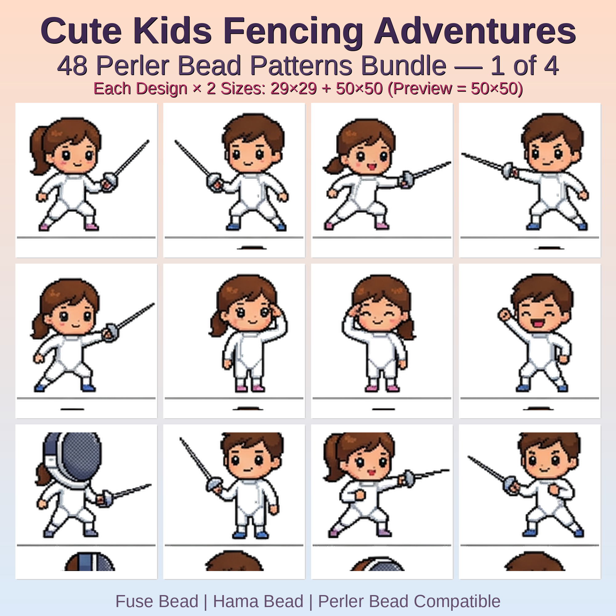 Cute Kids Fencing Adventures Perler Bead Patterns Bundle, 48 Designs (PDF Digital Download)