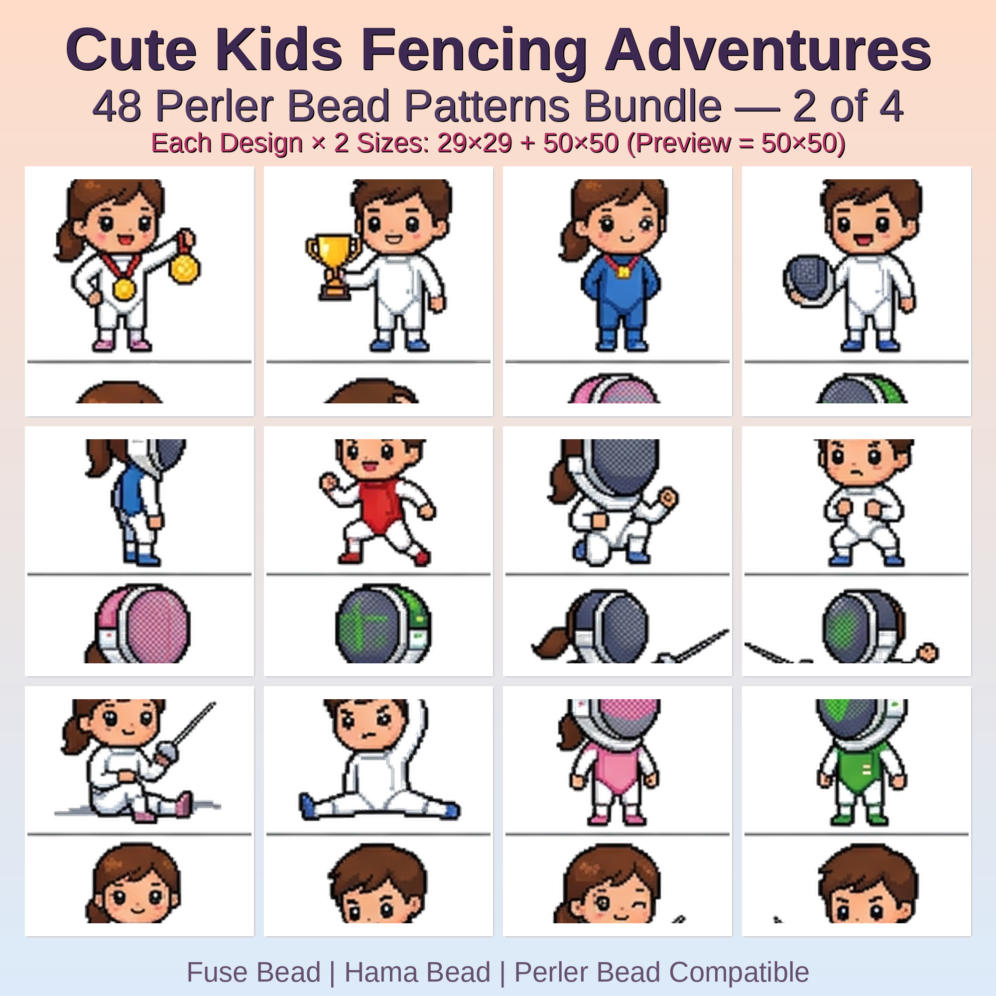 Cute Kids Fencing Adventures Perler Bead Patterns Bundle, 48 Designs (PDF Digital Download)