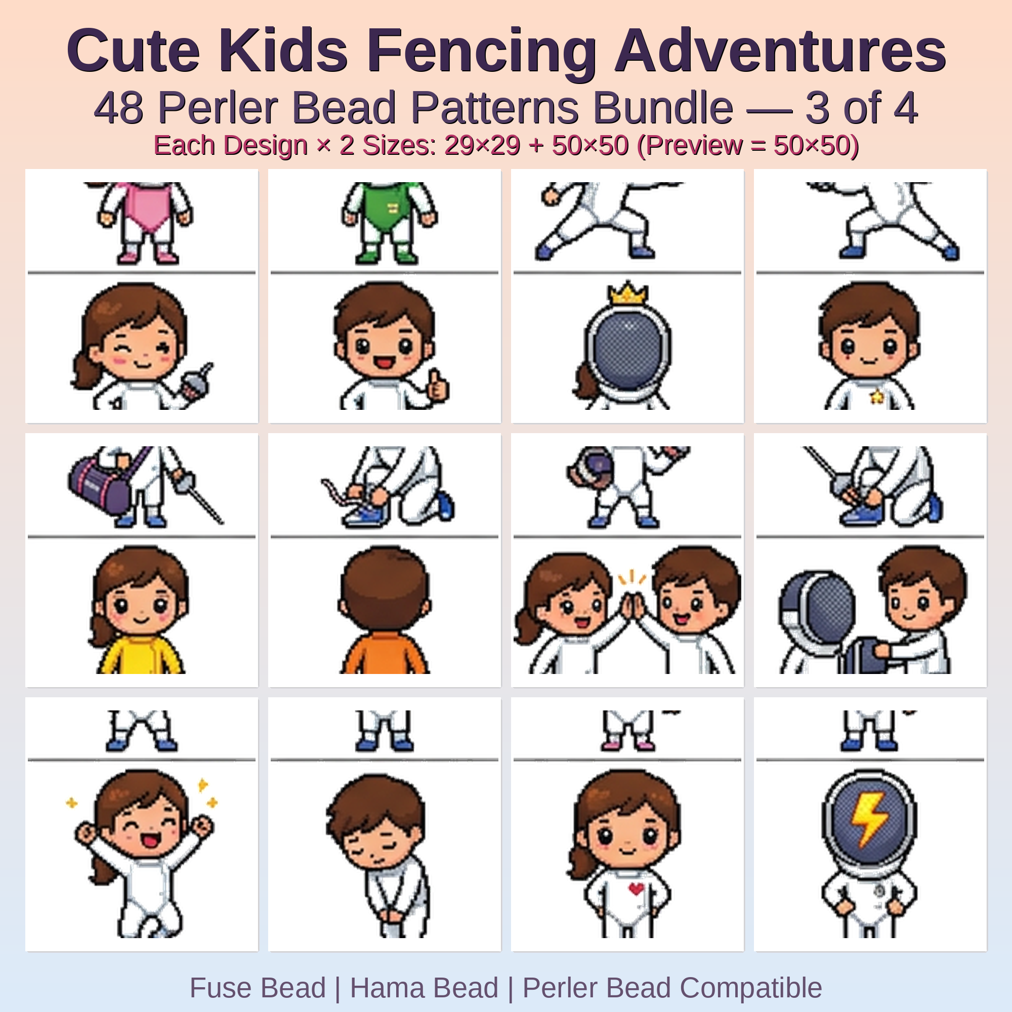 Cute Kids Fencing Adventures Perler Bead Patterns Bundle, 48 Designs (PDF Digital Download)