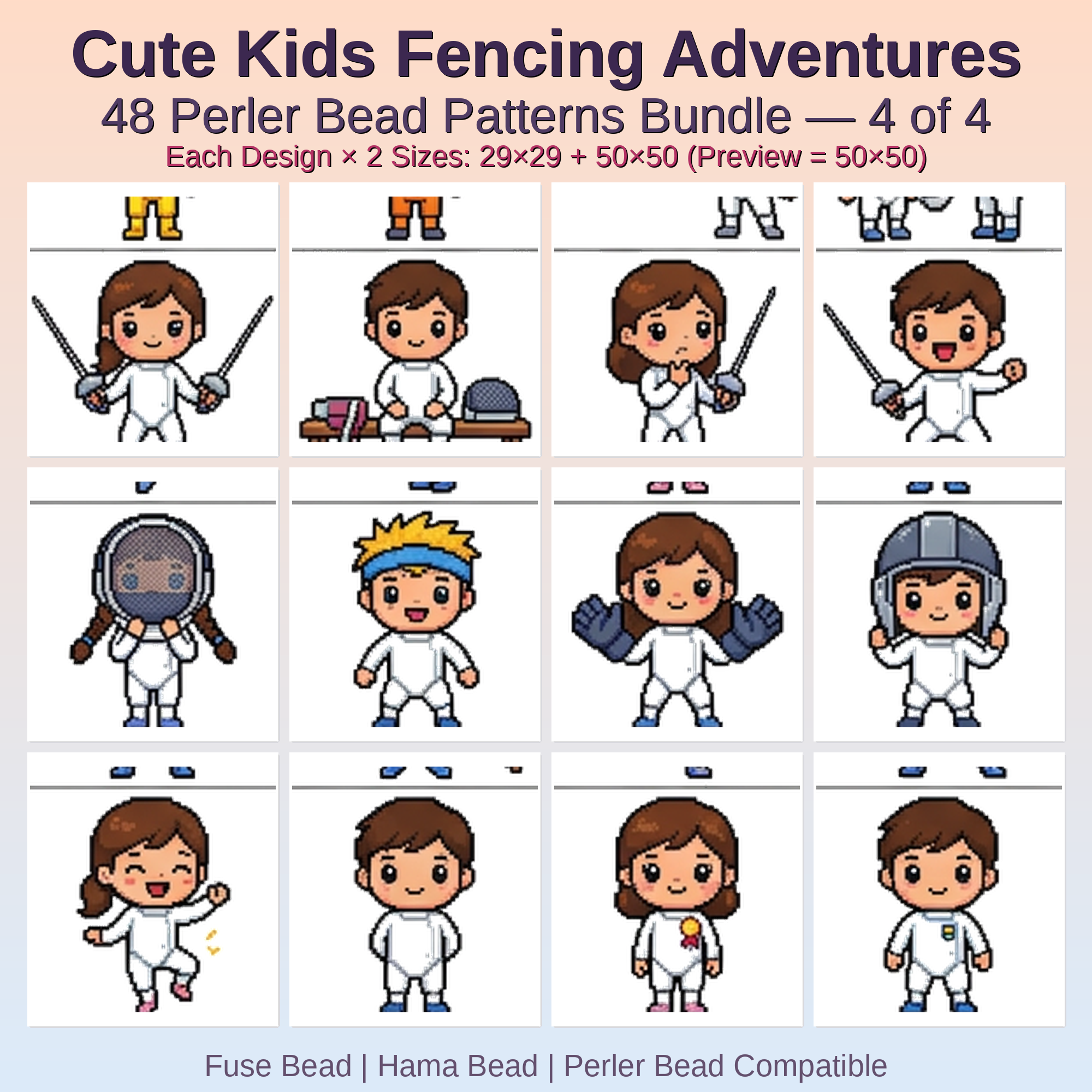 Cute Kids Fencing Adventures Perler Bead Patterns Bundle, 48 Designs (PDF Digital Download)