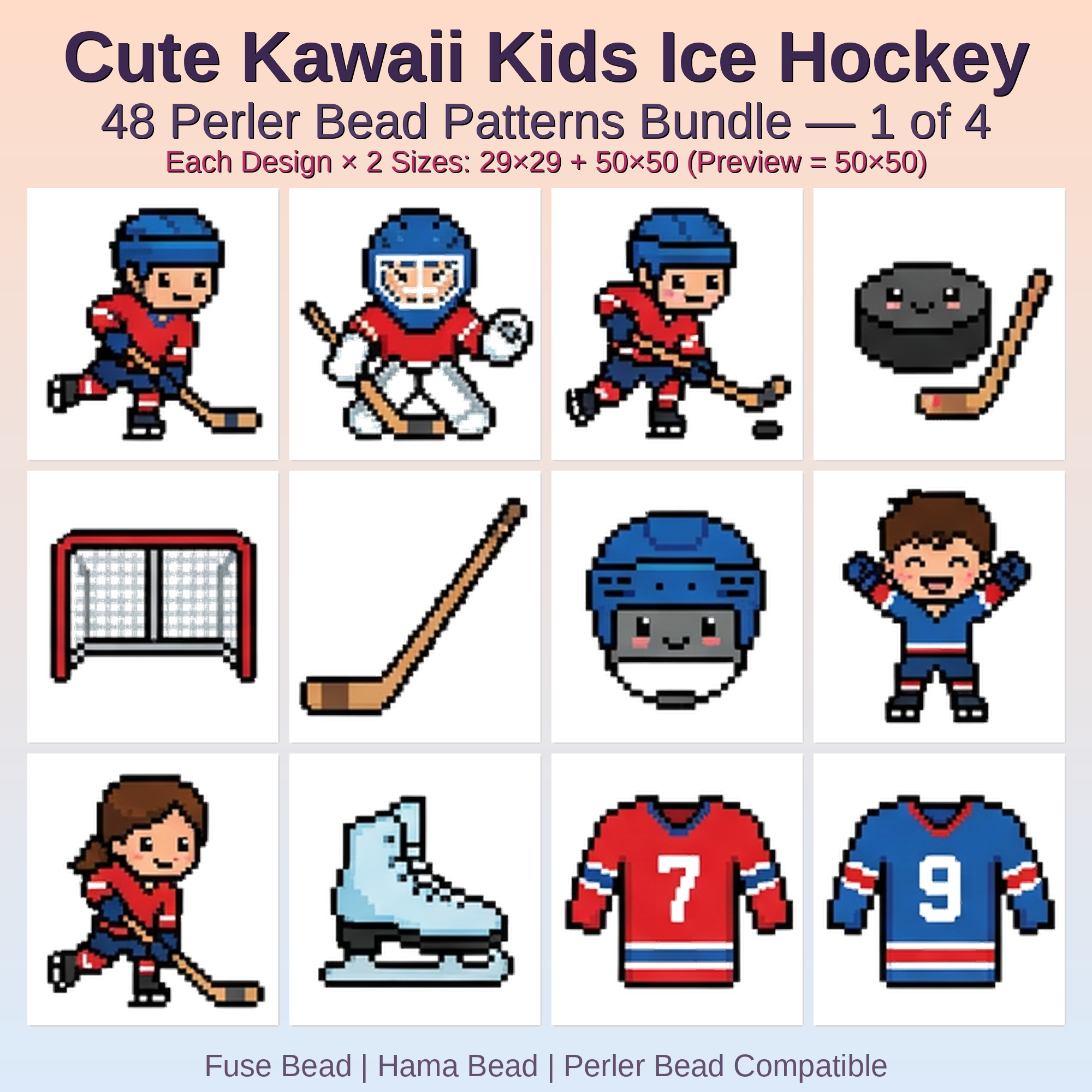 Cute Kawaii Kids Ice Hockey Perler Bead Patterns Bundle, 48 Designs (PDF Digital Download)