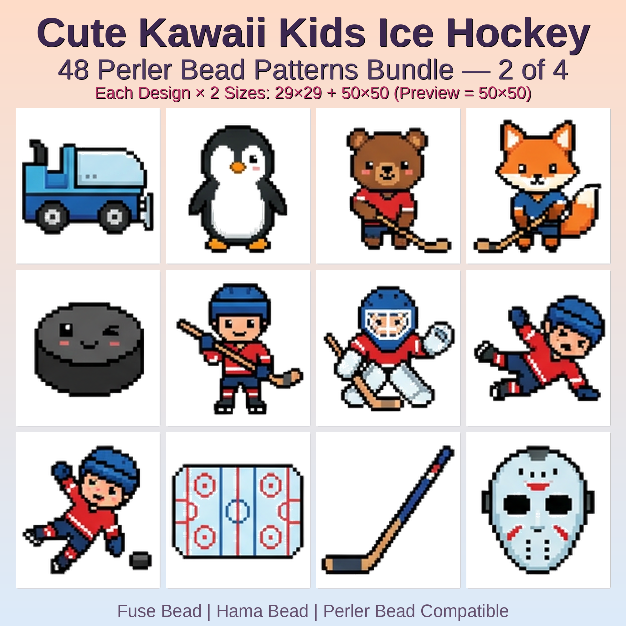 Cute Kawaii Kids Ice Hockey Perler Bead Patterns Bundle, 48 Designs (PDF Digital Download)