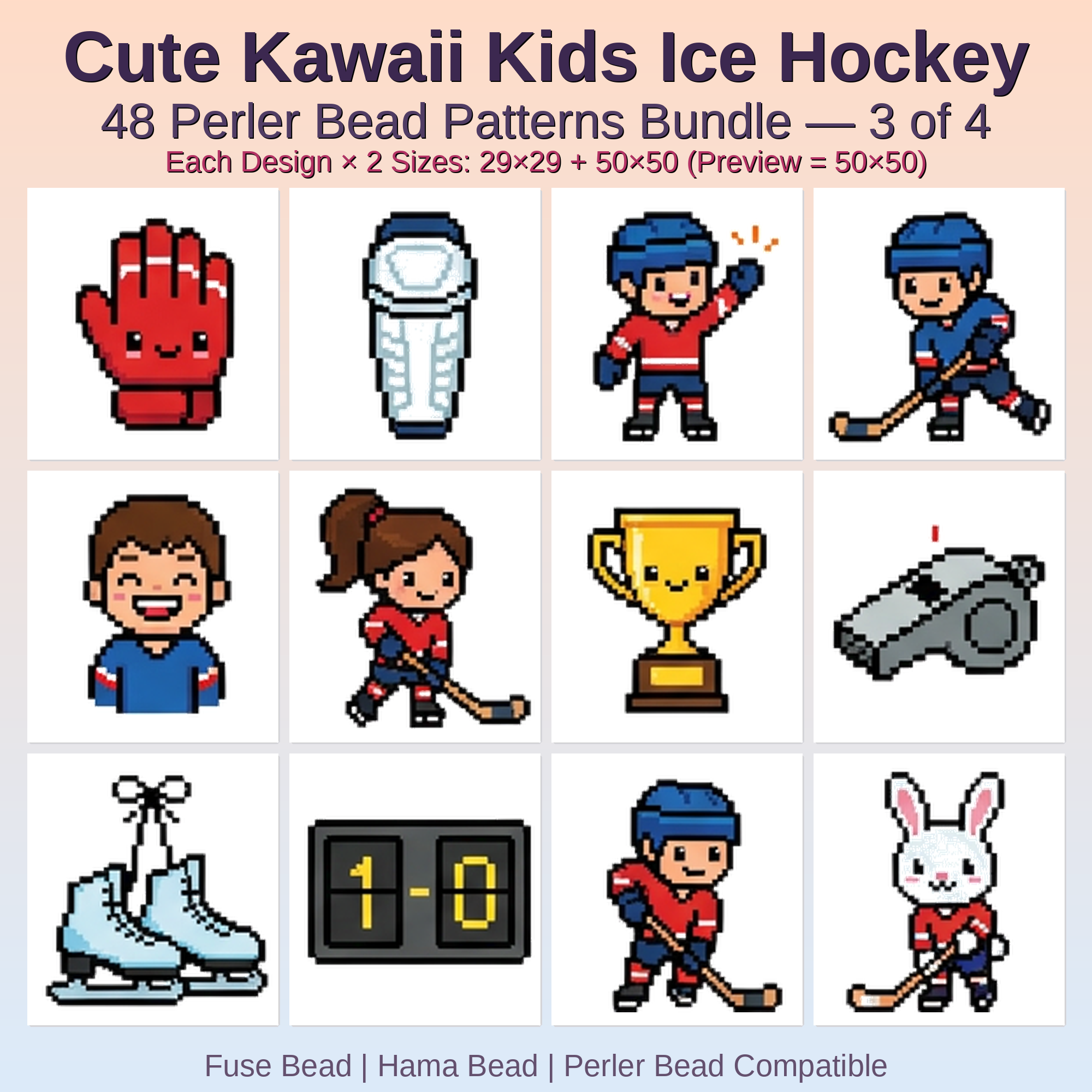 Cute Kawaii Kids Ice Hockey Perler Bead Patterns Bundle, 48 Designs (PDF Digital Download)