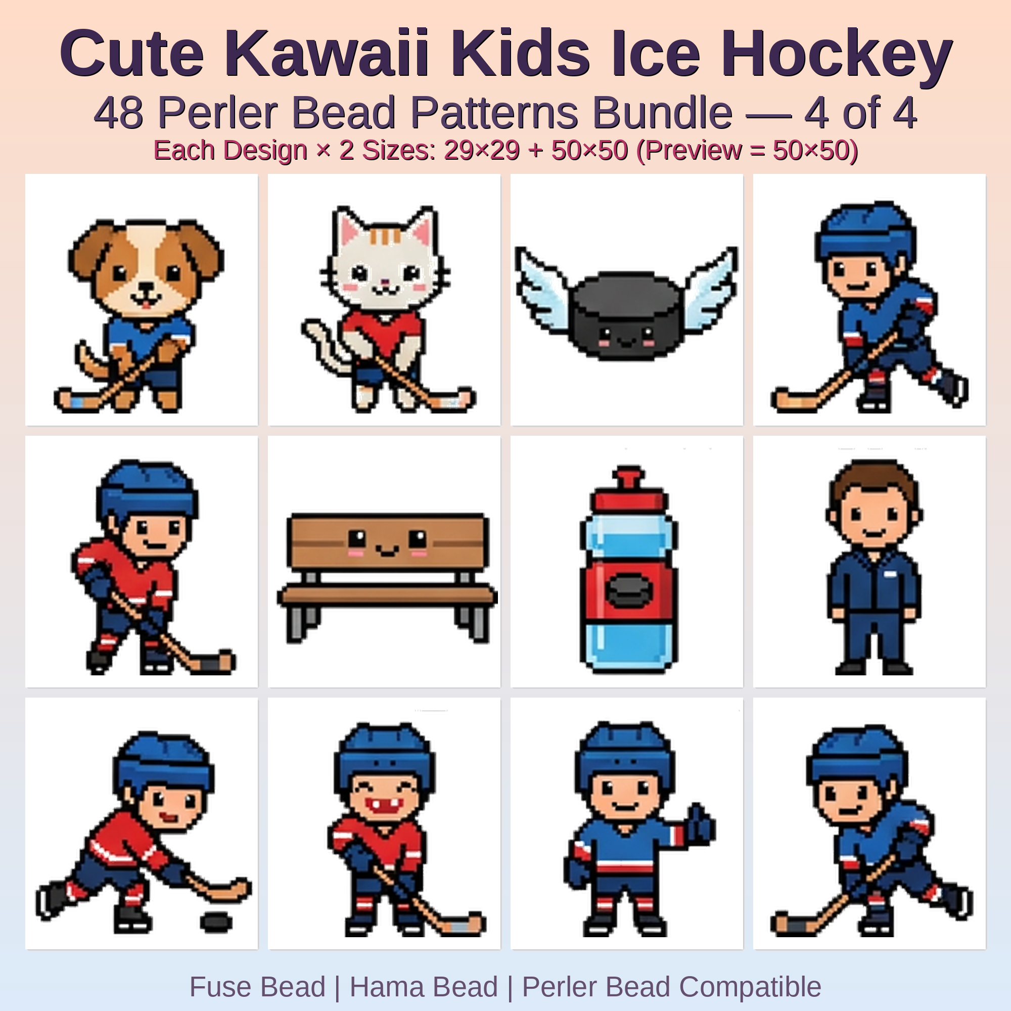 Cute Kawaii Kids Ice Hockey Perler Bead Patterns Bundle, 48 Designs (PDF Digital Download)