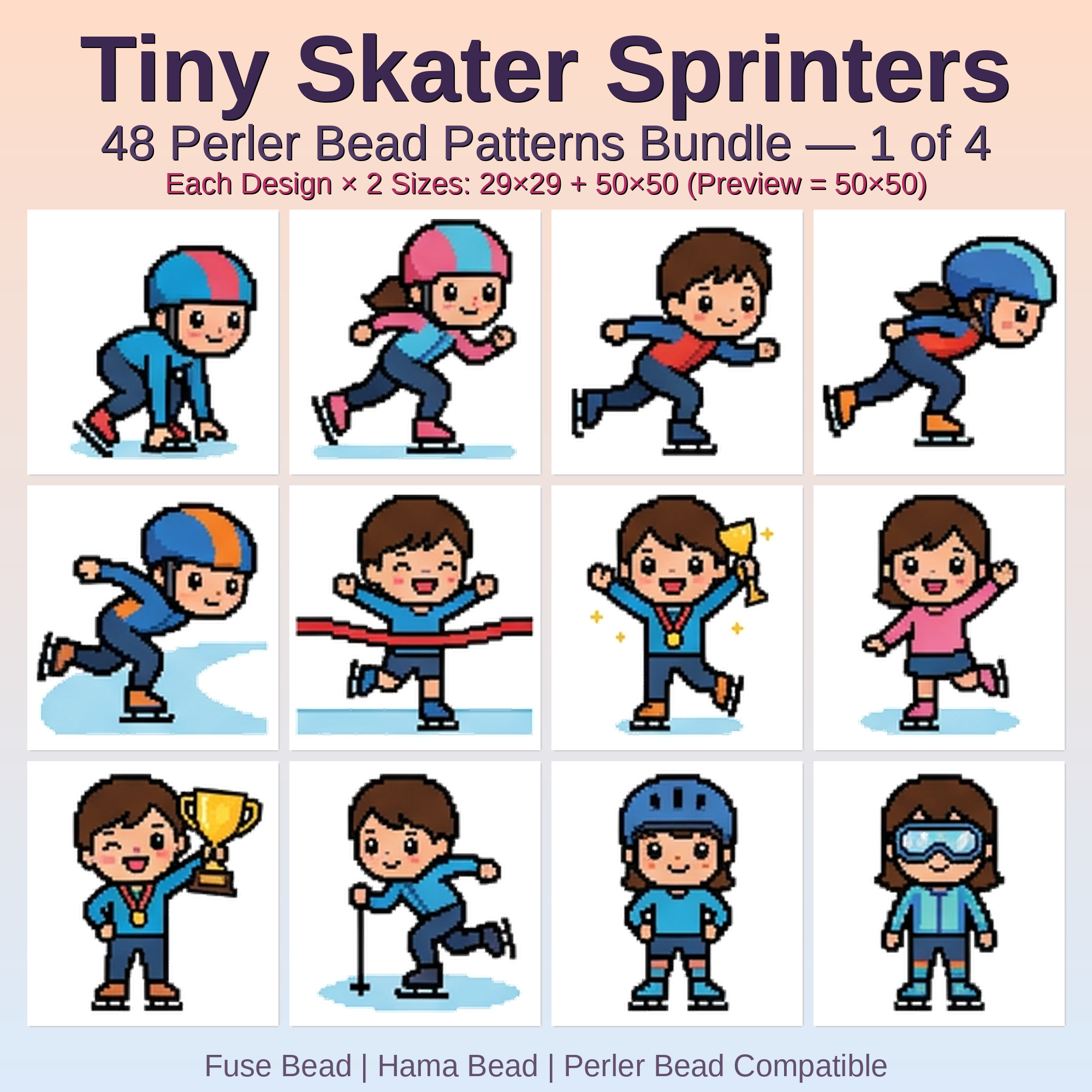 Tiny Skater Sprinters Perler Bead Patterns Bundle, 48 Designs (PDF Digital Download)