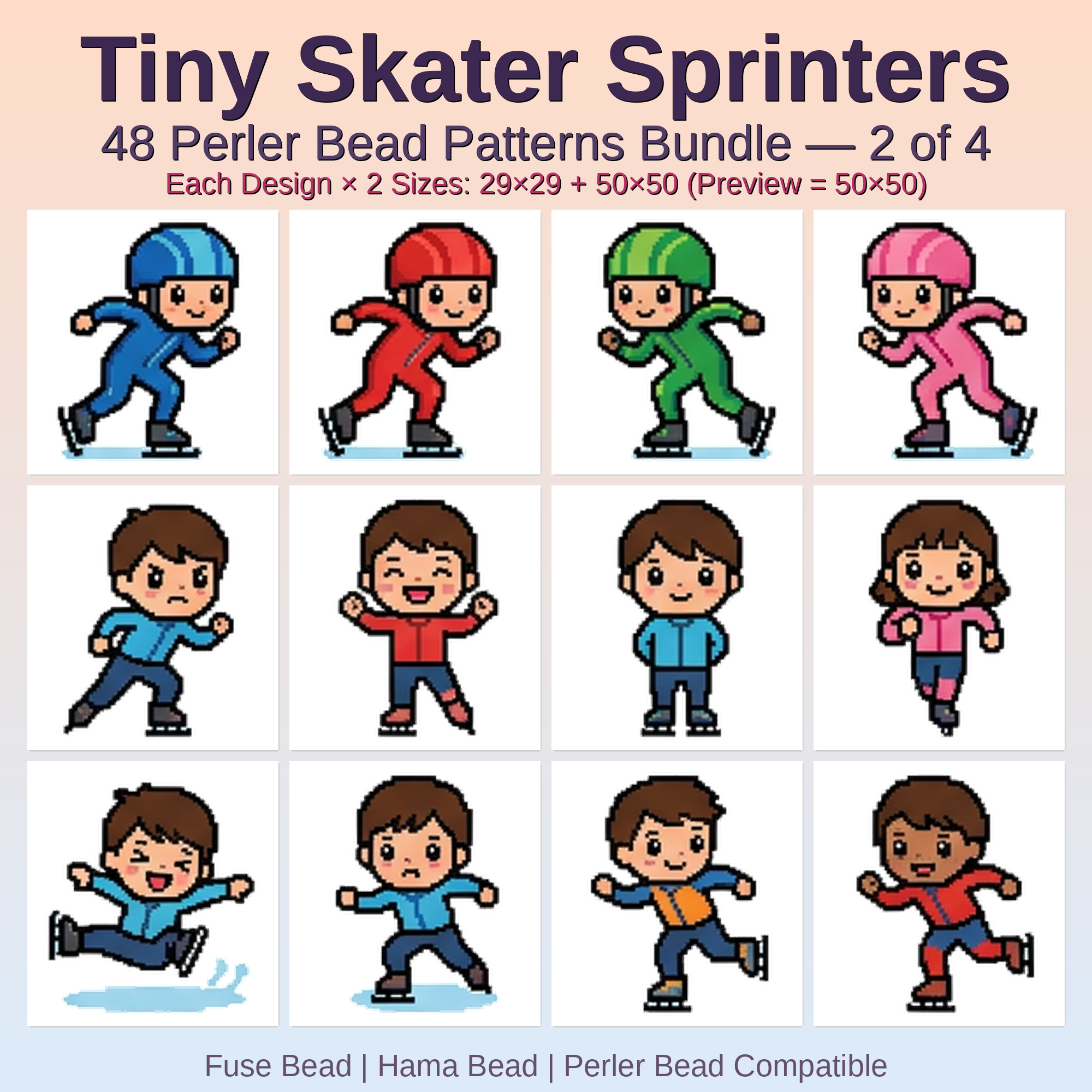 Tiny Skater Sprinters Perler Bead Patterns Bundle, 48 Designs (PDF Digital Download)