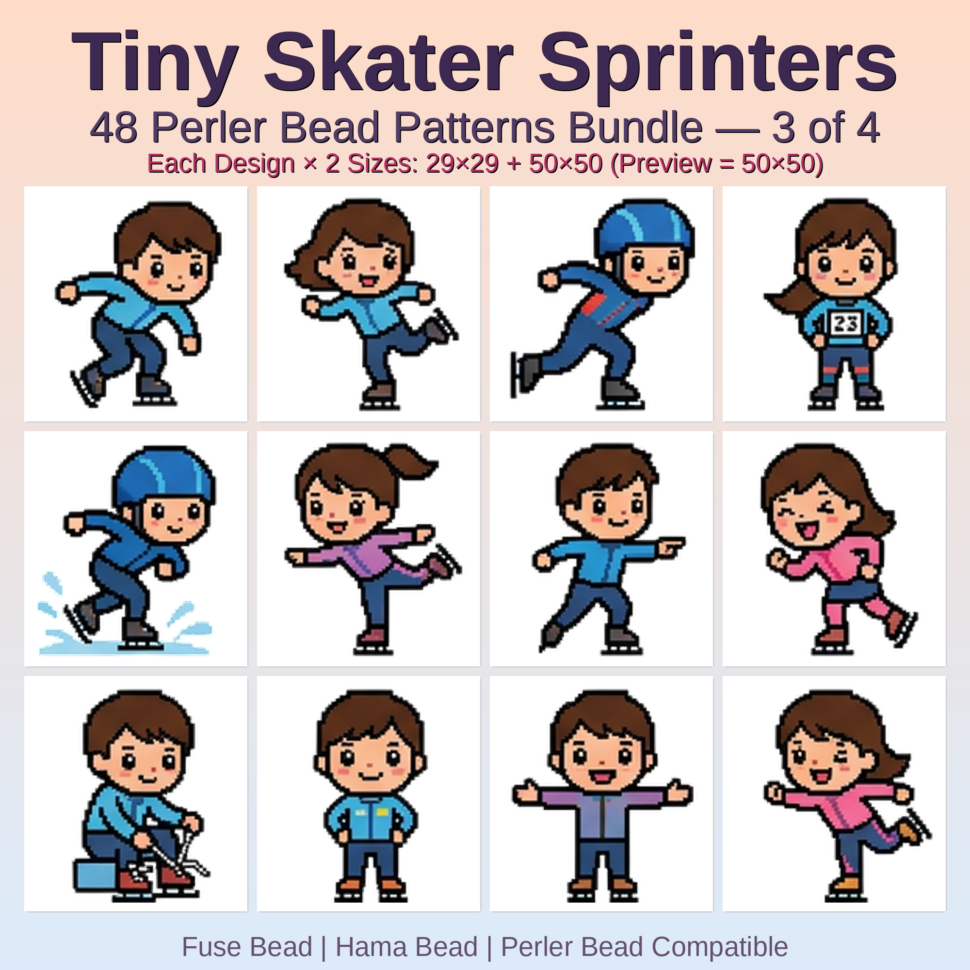 Tiny Skater Sprinters Perler Bead Patterns Bundle, 48 Designs (PDF Digital Download)
