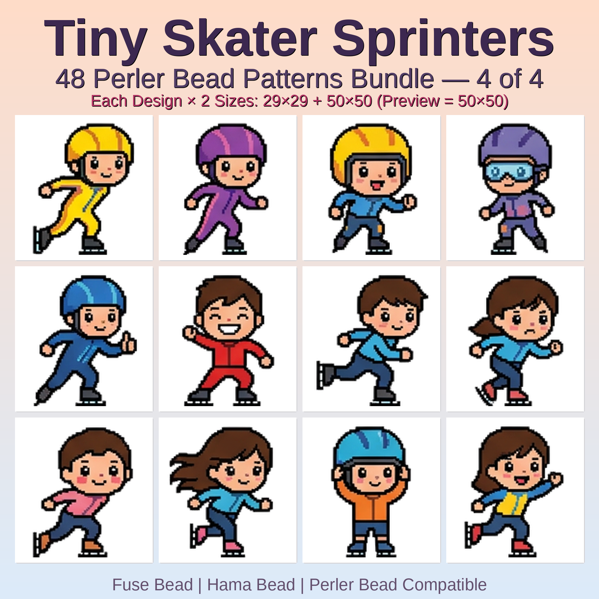 Tiny Skater Sprinters Perler Bead Patterns Bundle, 48 Designs (PDF Digital Download)