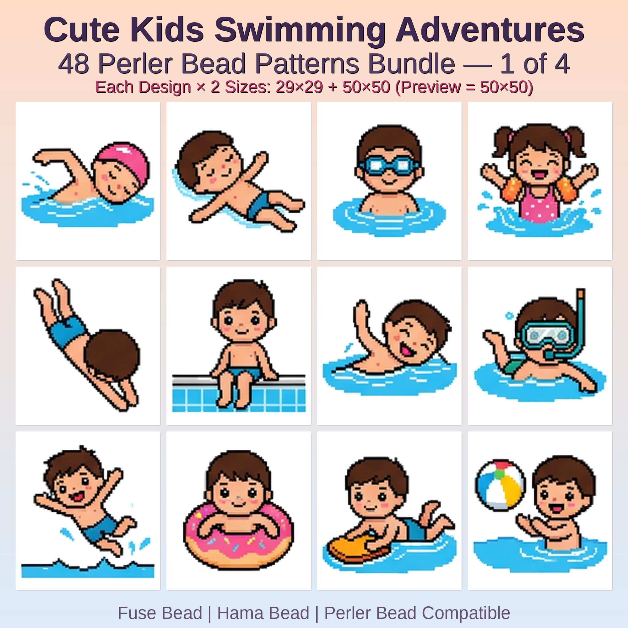 Cute Kids Swimming Adventures Perler Bead Patterns Bundle, 48 Designs (PDF Digital Download)