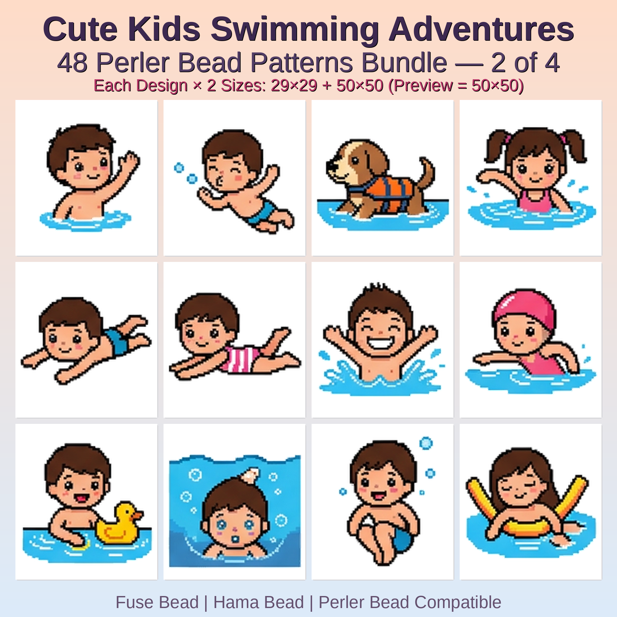 Cute Kids Swimming Adventures Perler Bead Patterns Bundle, 48 Designs (PDF Digital Download)