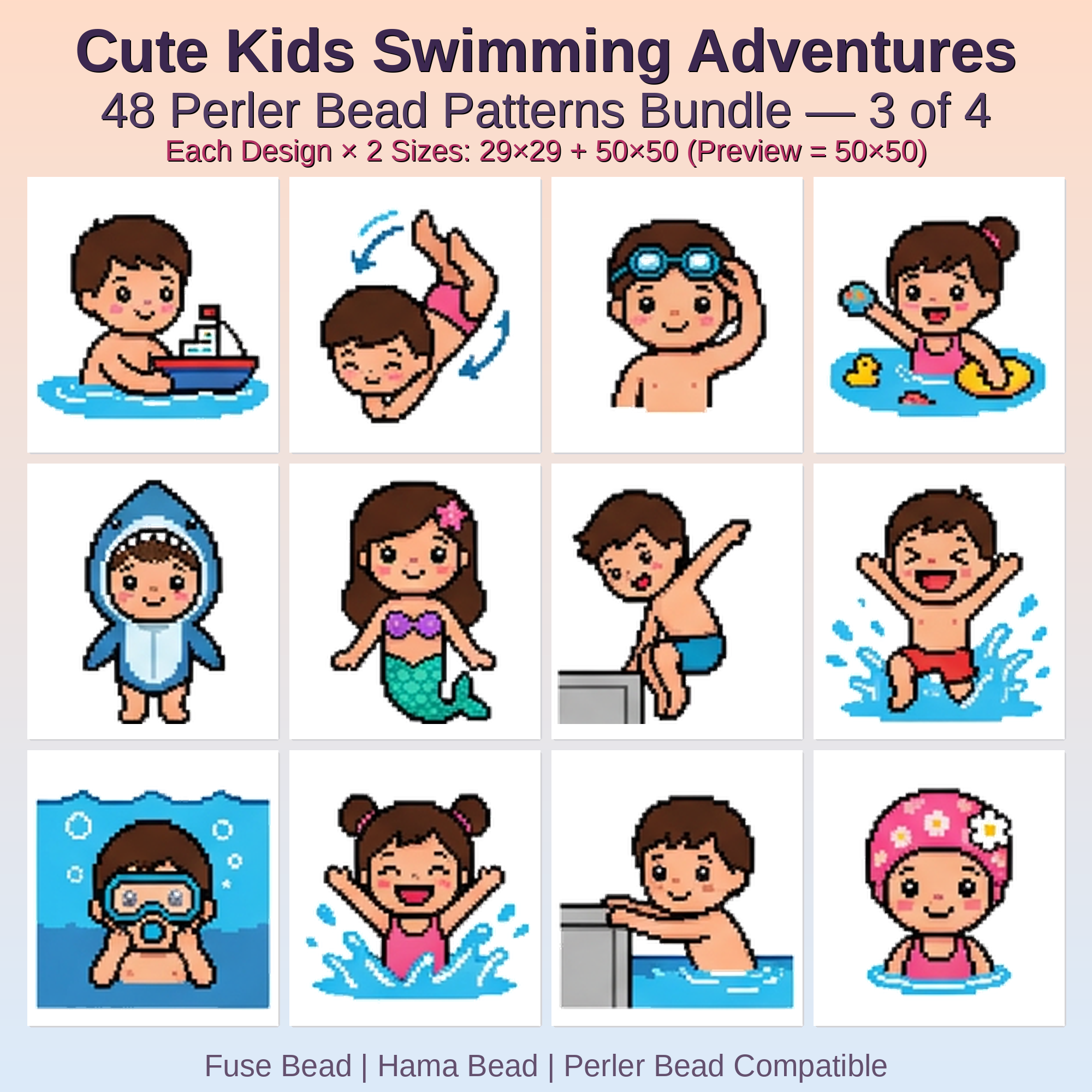 Cute Kids Swimming Adventures Perler Bead Patterns Bundle, 48 Designs (PDF Digital Download)