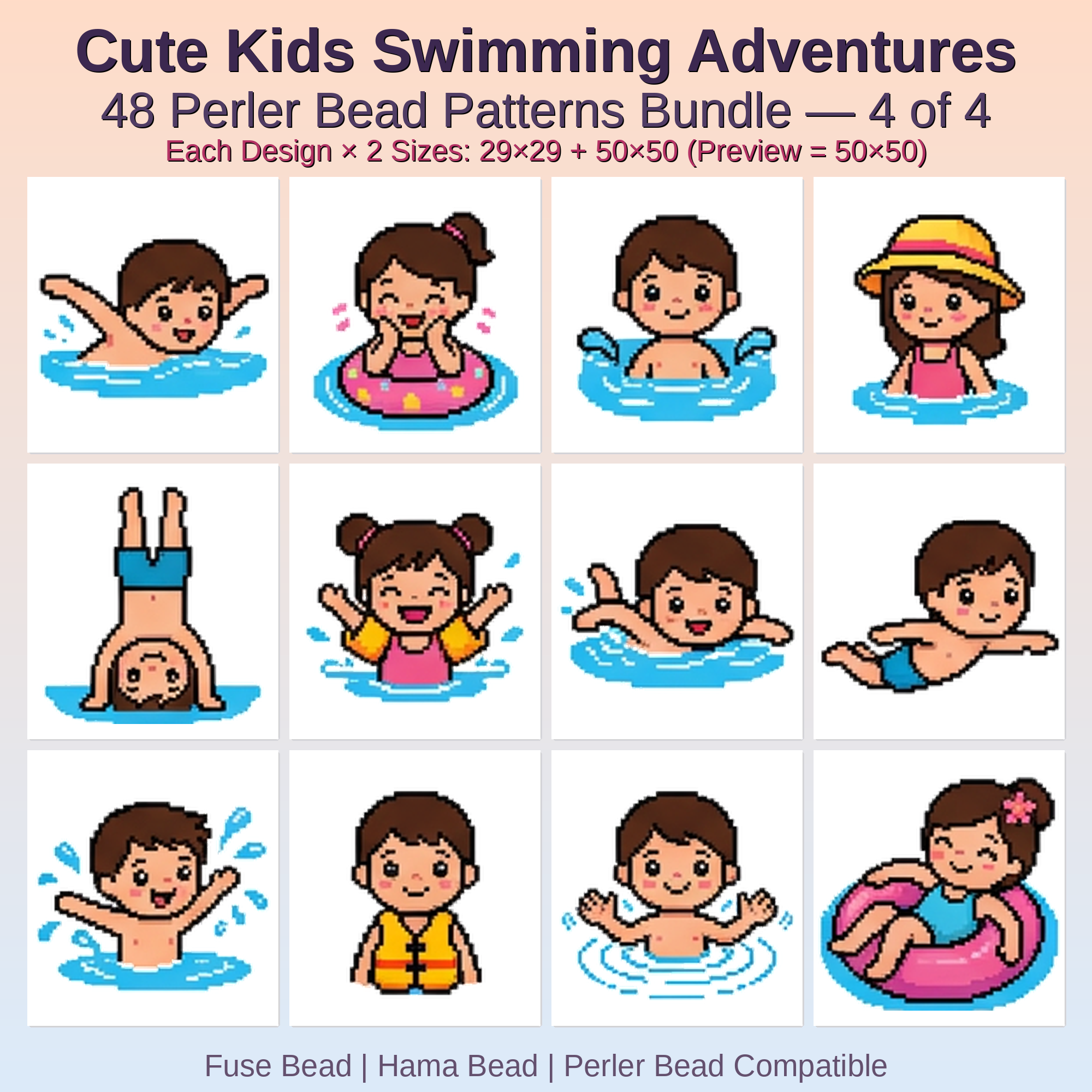 Cute Kids Swimming Adventures Perler Bead Patterns Bundle, 48 Designs (PDF Digital Download)